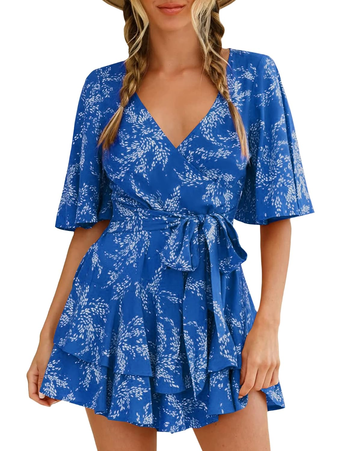 AIMCOO Womens Summer Short Flared Sleeve Romper V Neck Floral Print Jumpsuit Waist Tie Layer Ruffle Hem Dress Look Rompers - Review, Price and Buying Guide