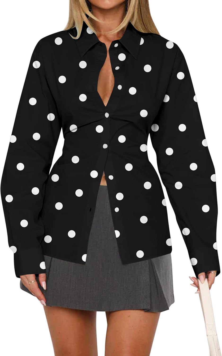 Women Long Sleeve Button Down Shirt Tie Back Cinched Waist Lapel Collar Corset Blouse Work Casual Dressy Tunic Shirt