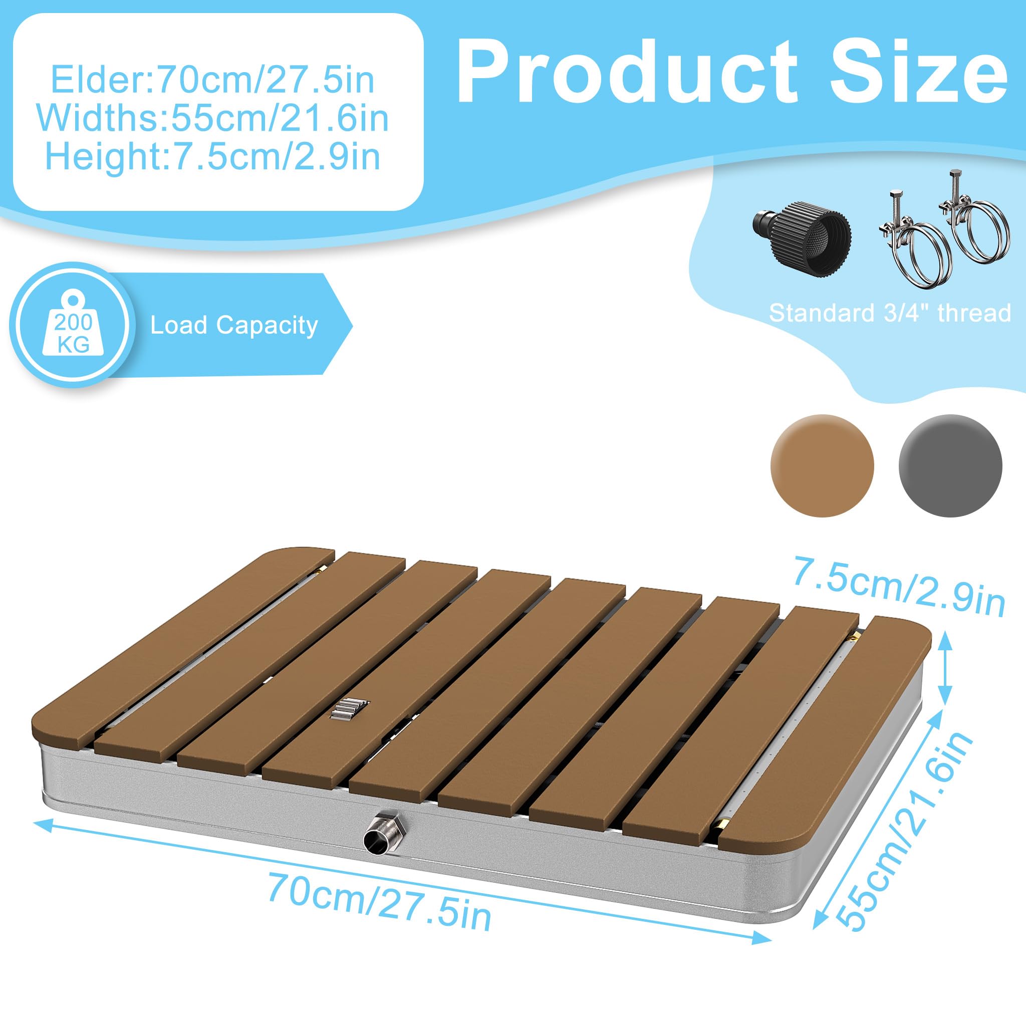 XMTECH WPC - Ducha de jardín antideslizante para exteriores, ducha de camping, ducha exterior, cartucho de sauna, 70 x 55 cm, rectangular, para camping, jardín, piscina, ducha con rueda de pie