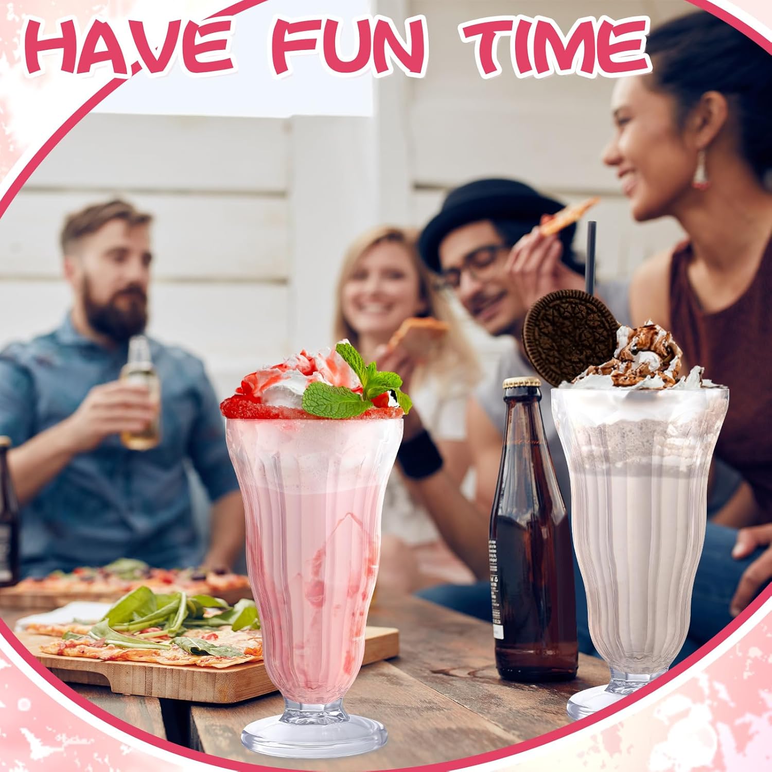 Mifoci 10 Pcs Milkshake Glasses 16 oz Old Fashioned Soda Glasses Footed Ice Cream Cups Clear Thick Plastic Fountain Cups for Juice Sundae Milk Tropical Drinks Party