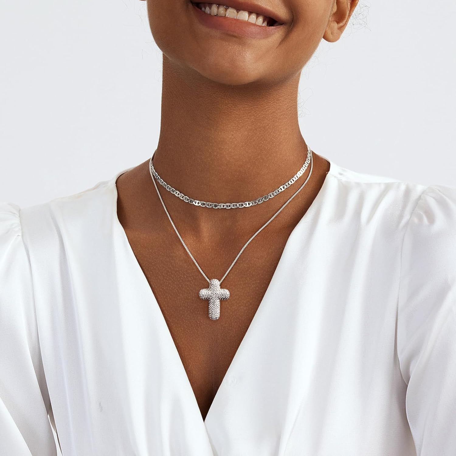 OGD Bubble Cross Necklace for Women 14k Gold Plated Cross Necklace Stackable Dainty Gold Necklace Mariner Chain Necklace CZ Cross Pendant Necklaces Set Simple Jewelry Gift - Image 3