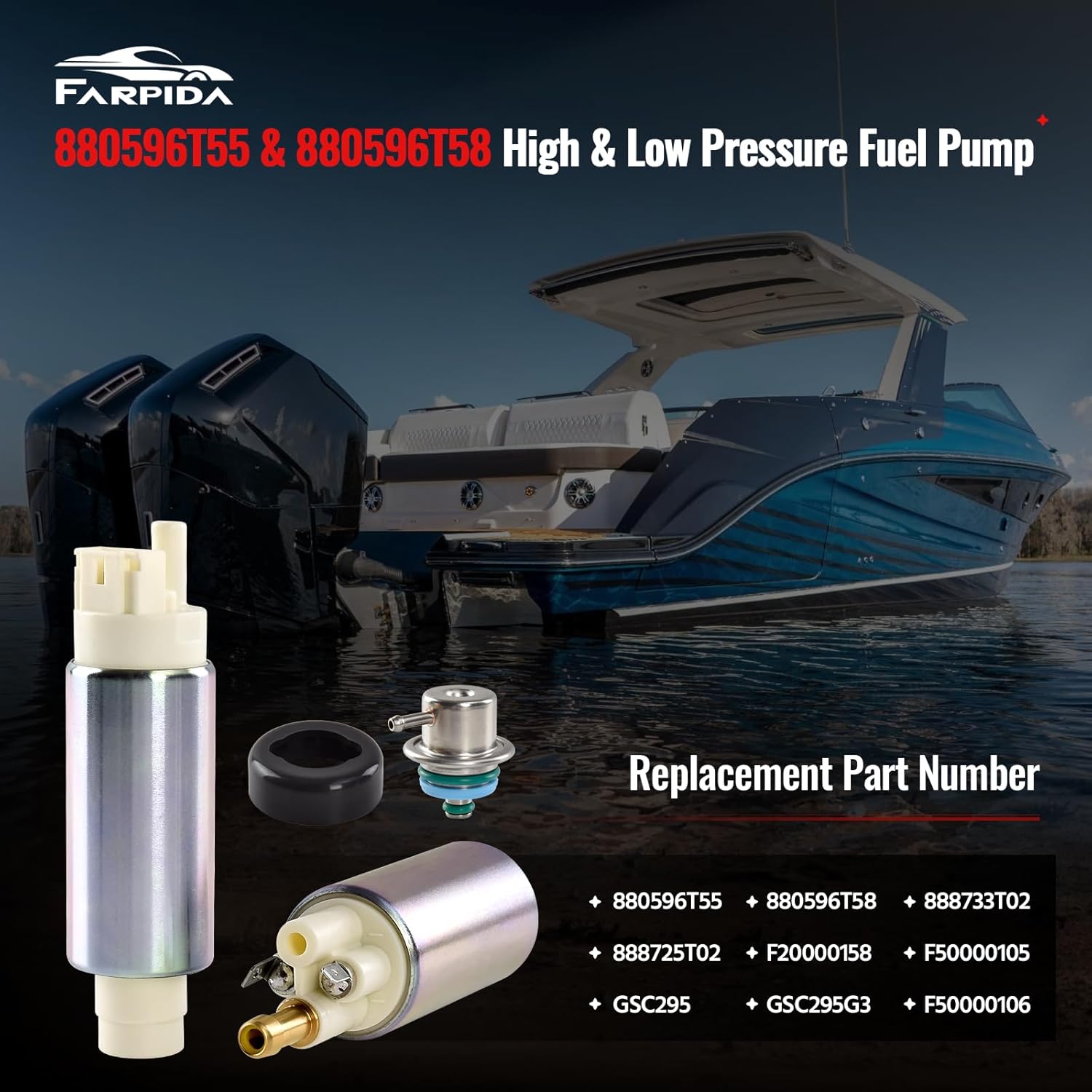 880596T55 & 880596T58 High & Low pressure fuel pump for Mercury Marine Outboard Optimax DFI Pro XS Racing XS Optimax 75-300HP Engines 2003-2024 Replaces 888733T02, 888725T02