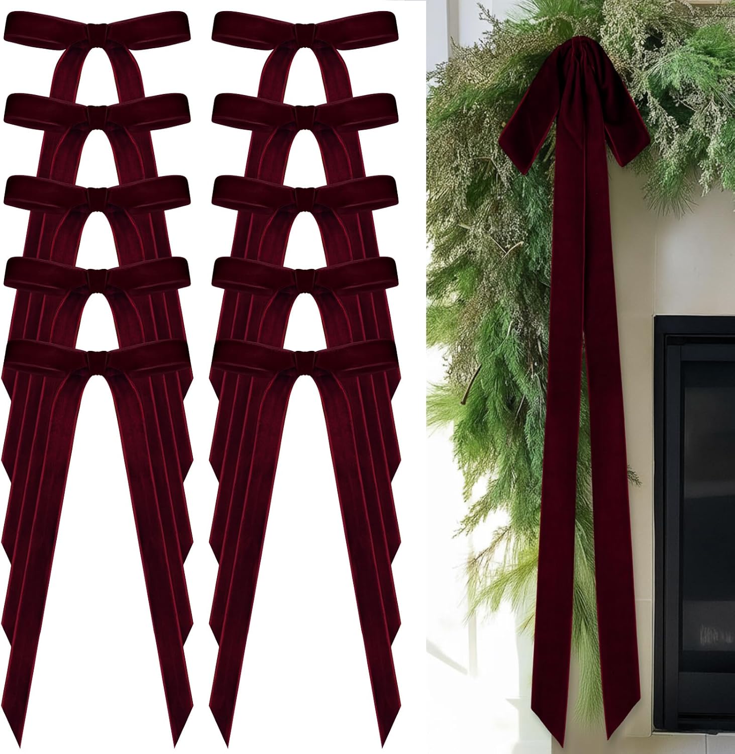 24 Pcs Velvet Bows Christmas Tree Ornaments Vintage Velvet Ribbon Bows for Tree Garland Wreath Indoor Xmas Decorations(9 x 13 Inch,Width of 1 1/2",Burgundy) Burgundy 9 x 13 Inch,Width of 1 1/2"