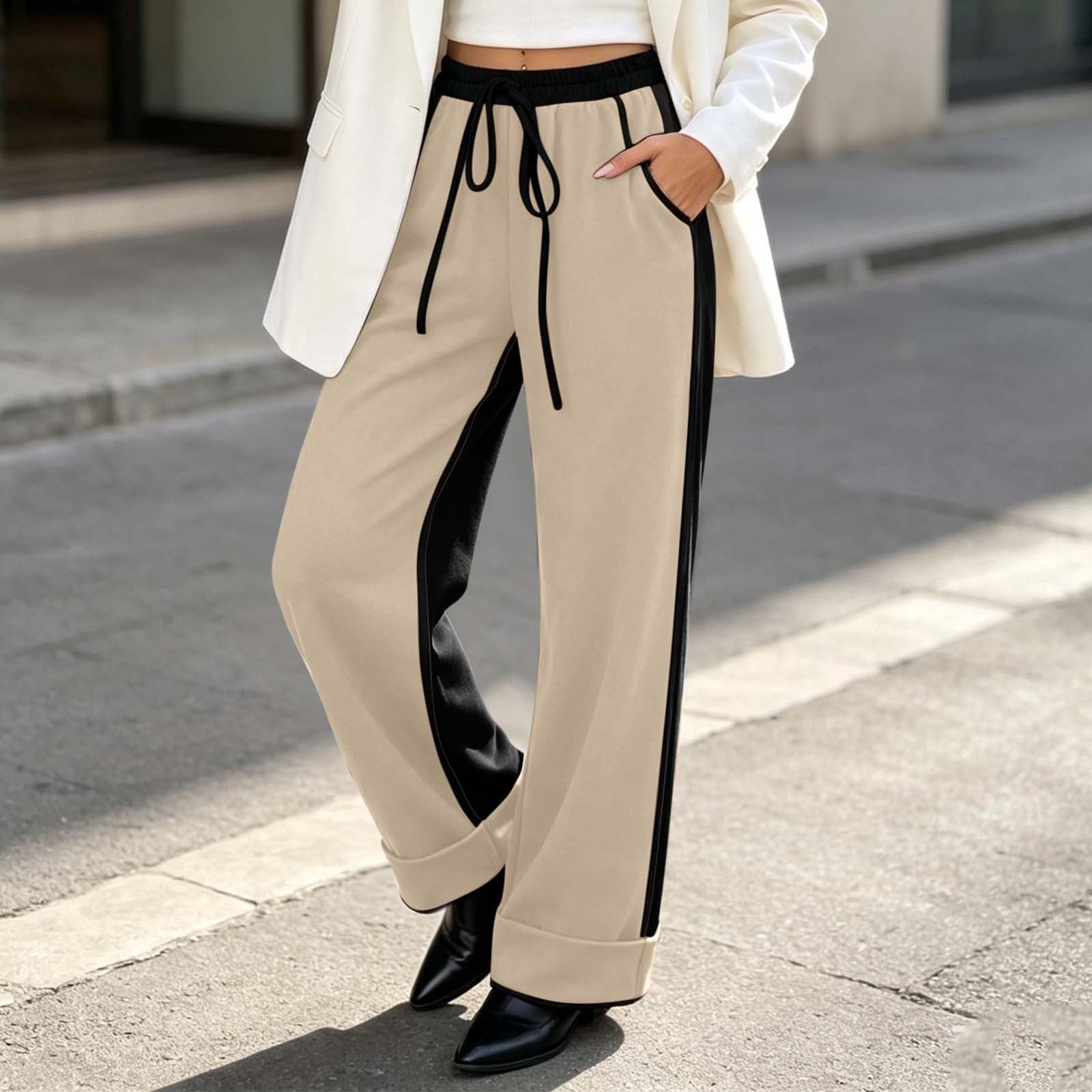 Pantalon Droit Femme Bloc De Couleurs Ourlet Retroussé Poches Décontracté