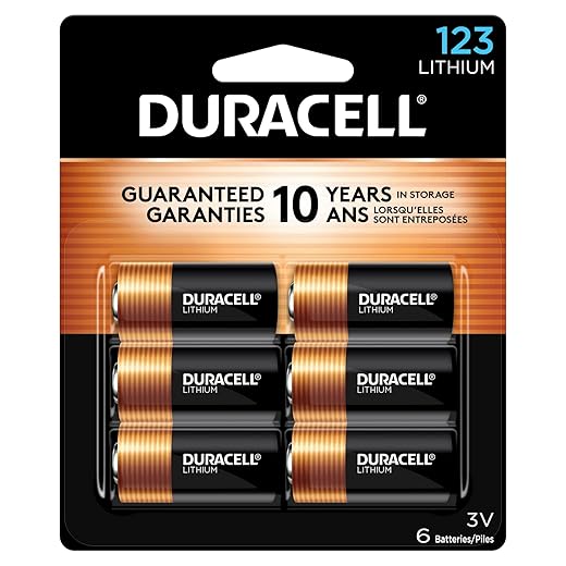 Duracell CR123A 3V Lithium Battery, 6 Count Pack, 123 3 Volt High Power Lithium Battery, Long-Lasting for Home Safety and Security Devices, High-Intensity Flashlights, and Home Automation