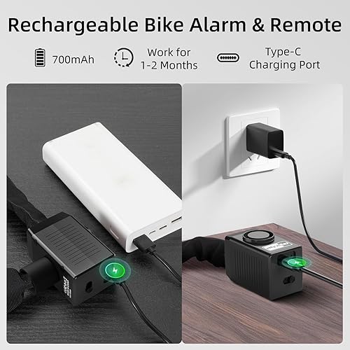 Miniatura 3 de Candado de cadena de bicicleta con alarma, 4 pies E Scooter Lock alarma antirrobo 110dB 0.315 in cadena de seguridad resistente con cable USB C y 3