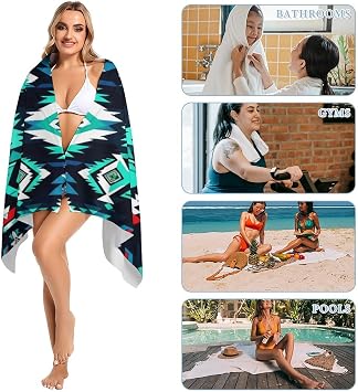 Microfiber Lightweight Beach Towel, Quick Dry Absorbent Oversized Pool Yoga Towel 31.5x63Teal Turquoise Tribal Navajo Aztec Geometric Ethnic Pattern Sand Proof Beach Blanket