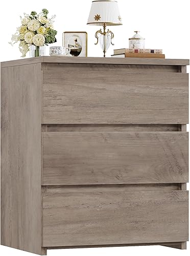 Miniatura 8 de FOTOSOK Mesita de noche gris con 3 cajones, mesita de noche para dormitorio con asa recortada, mesa auxiliar de sofá con 3 cajones para dormitorio,