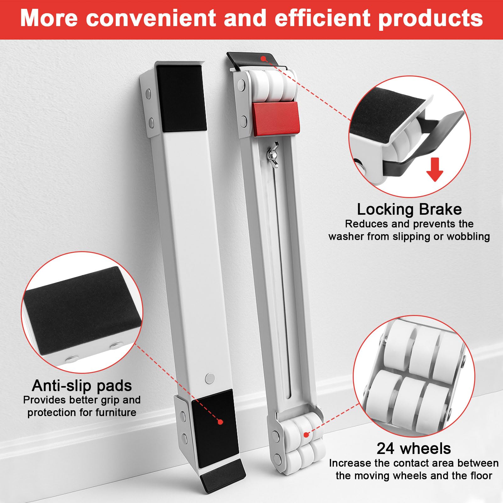Carrelli Per Lavatrice 2 Pezzi - Regolabili 46-71cm, Portata 300kg, Ruote Antiscivolo - Bianco - Foto 6