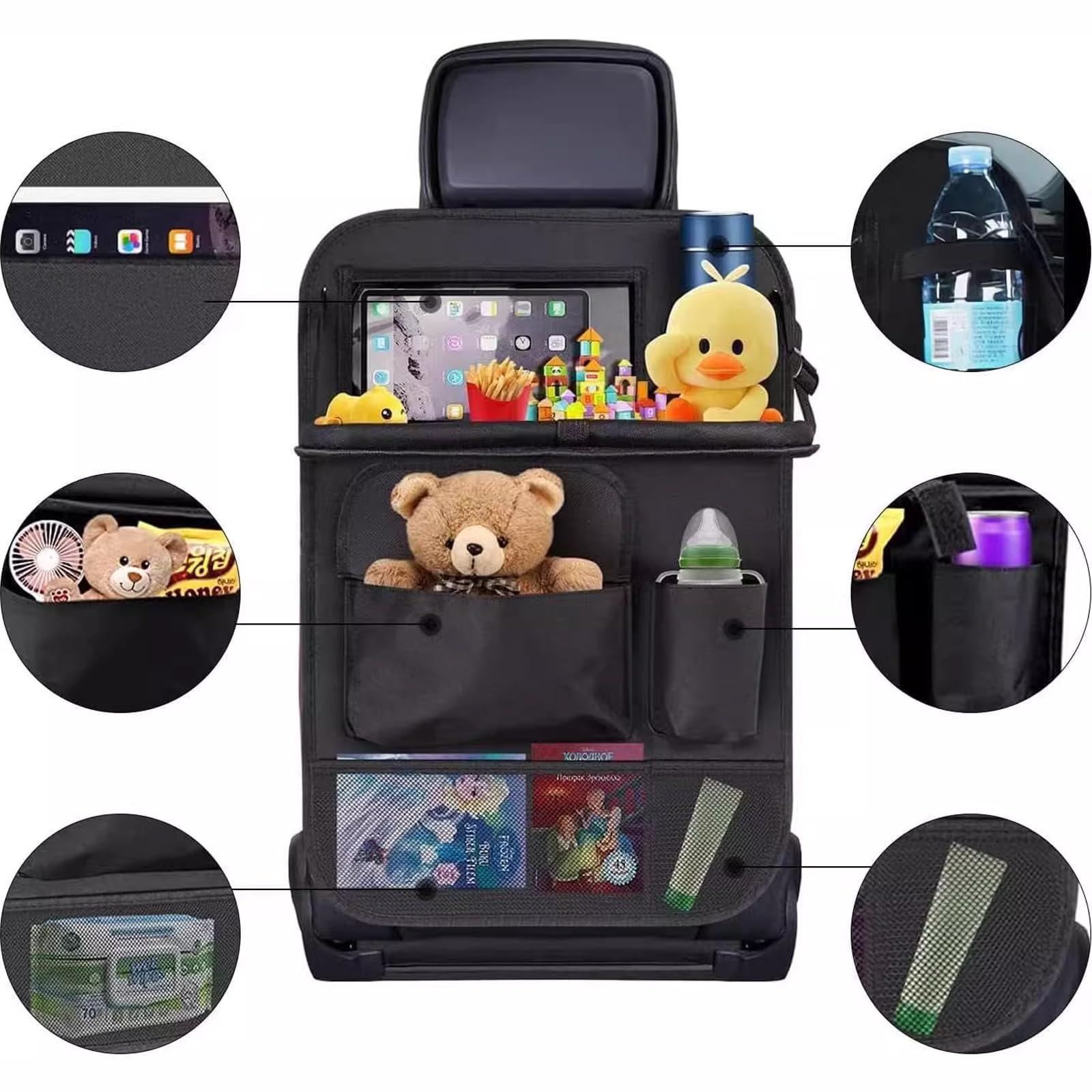 Confezione da 2 organizer per sedile auto con tavolo da pranzo pieghevole e rete centrale per riporre oggetti, organizer multi-tasca per sedile posteriore per giocattoli, snack, oggetti