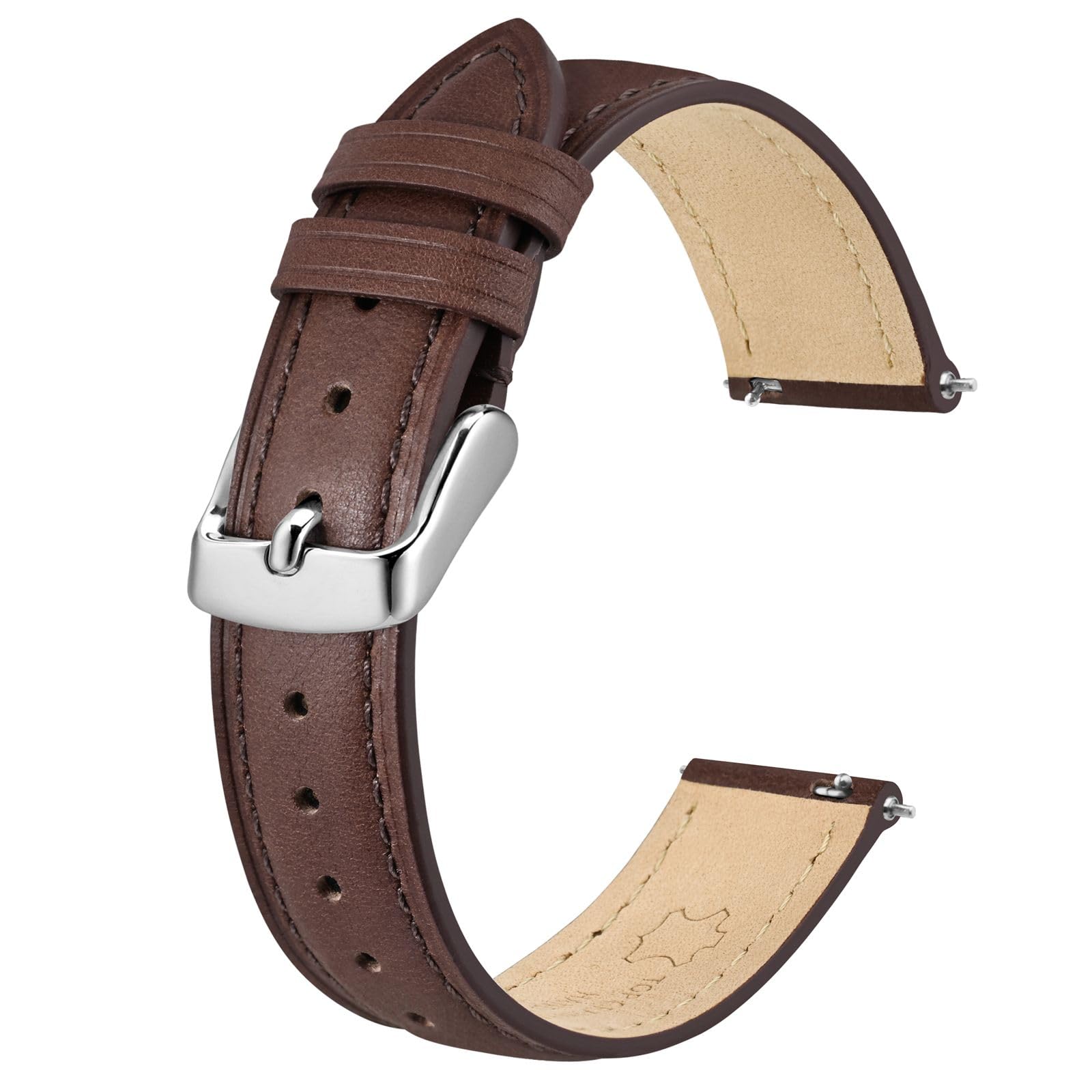 BISONSTRAP Elegant Leather Watch Straps, Quick Release, Watch Bands for Women and Men, 17mm, Dark Brown (Silver Buckle)