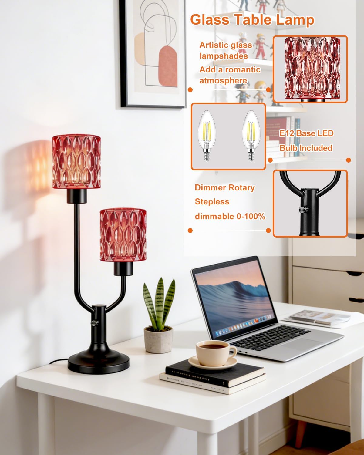 Lightdot Mid Century Modern Table Lamp Dimmable Nightstand Lamp Red Glass Vintage Black Desk Lamp 2 Bulbs Included Warmwhite Ambient Bedside Lamps for Living Room Bedroom Girls Room Home Office Decor