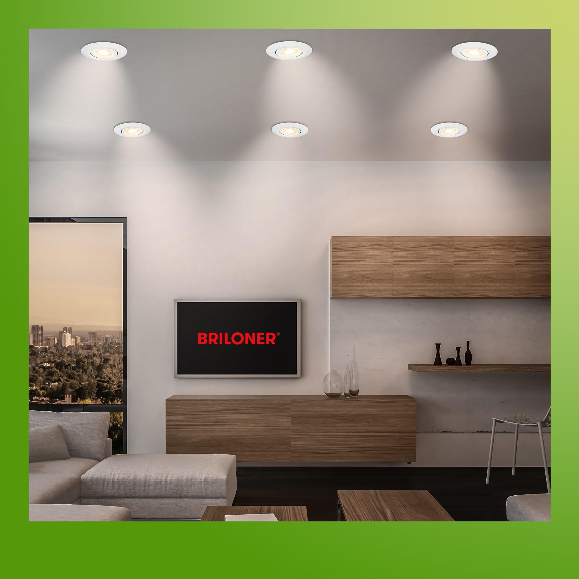 BRILONER - 6er Set LED Einbaustrahler 230V Gehäuse 50% recycelt, Schwenkbar, Ra90, Farbtemperaturwechsel, LED Spot, flach, Deckenspots, Einbauleuchten, 68mm Lochmass, 90x24mm (DxH), Weiß