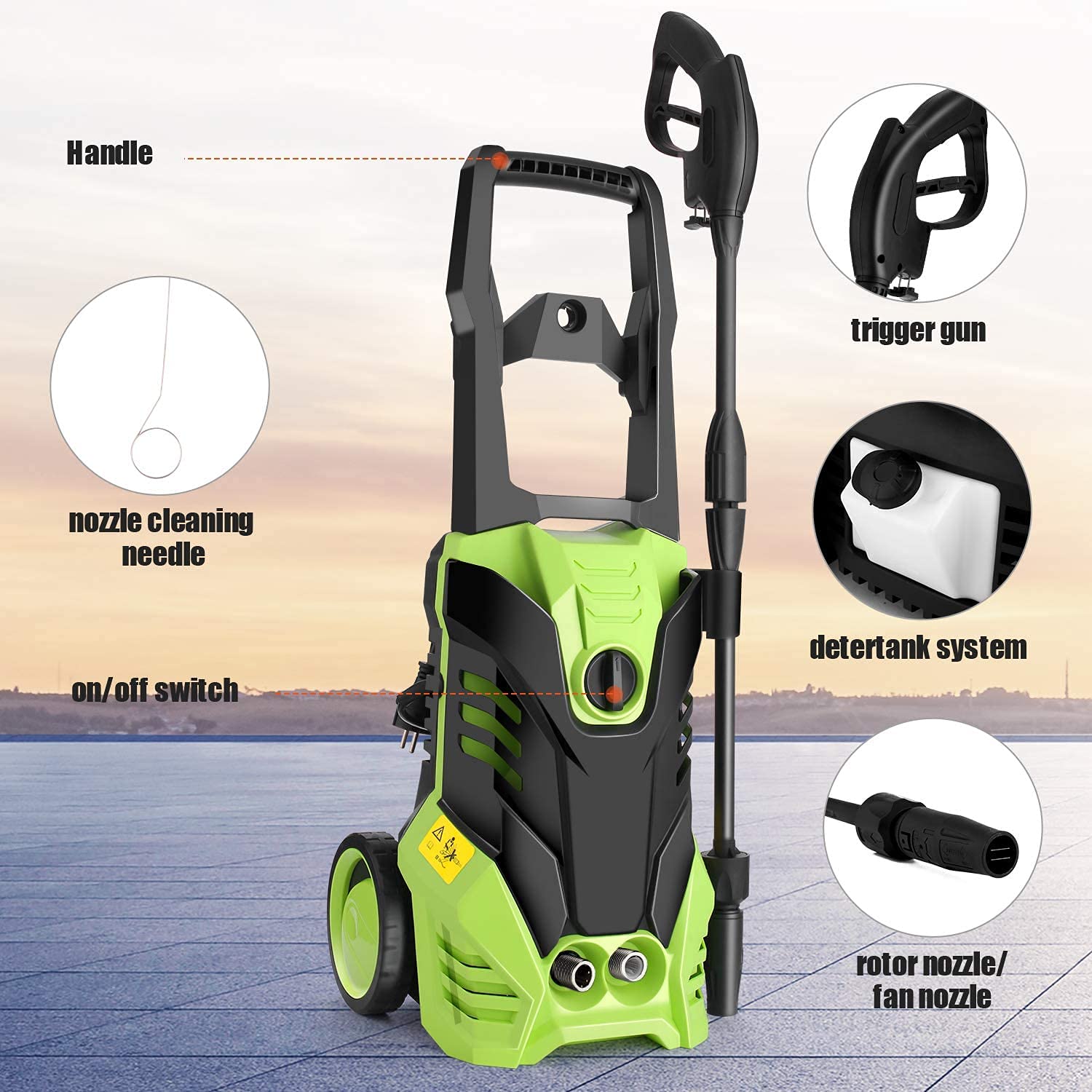 COOCHEER Hidrolimpiadora de Alta presión,2000W,150Bars,450L/H,Limpiadoras Alta presión con 1000ml depósito para detergente,5m Manguera,para Coche, Jardín, Herramientas