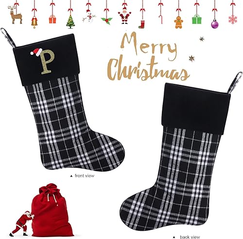Miniatura 8 de Calcetines de Navidad personalizados con monograma inicial, adornos colgantes, medias clásicas de cuadros negros de 19 pulgadas, decoraciones de