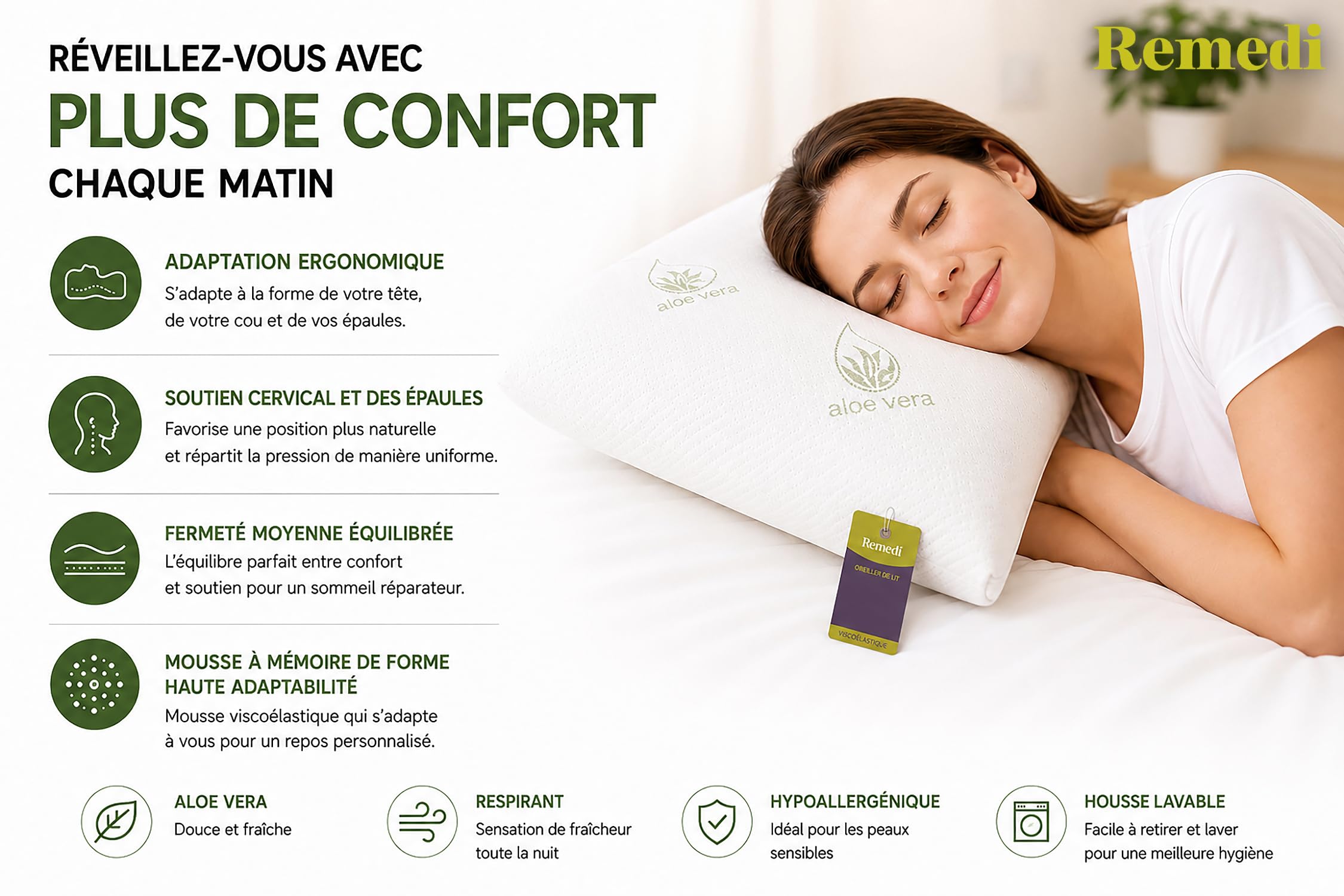 Remedi Oreiller viscoélastique 70 x 40 cm (pack de 2 unités) noyau compact, oreiller aloe vera, fermeté moyenne, anti-acariens, oreiller ergonomique, mousse à mémoire de forme, housse lavable à 40