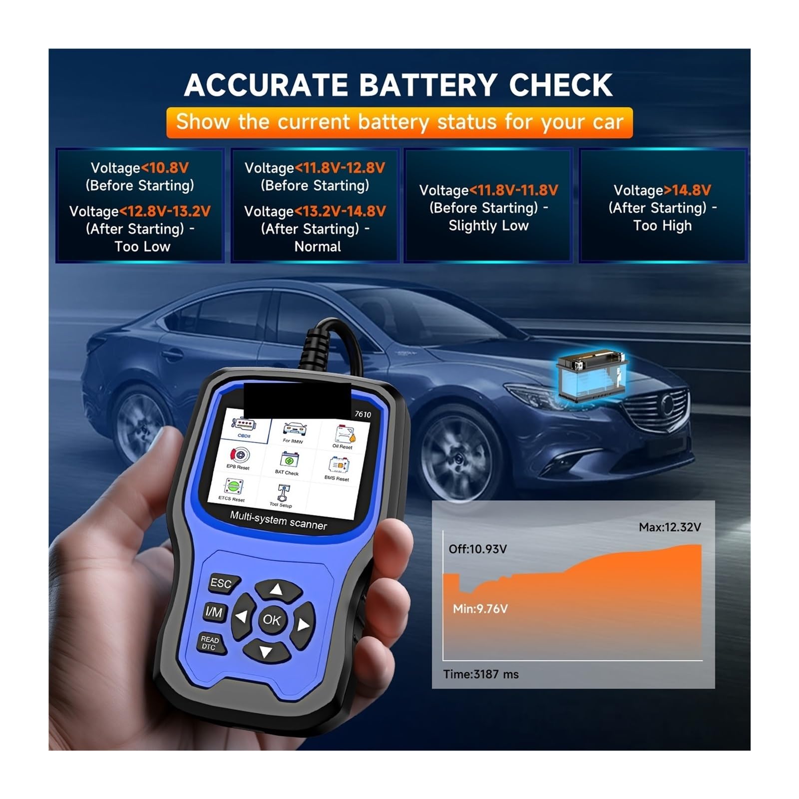 Escáner para Coche, Escáner automotriz OBD2 7610, lector de códigos todos los s, aceite, DPF, ABS, SRS, reinicio, herientas diagnóstico for automóviles