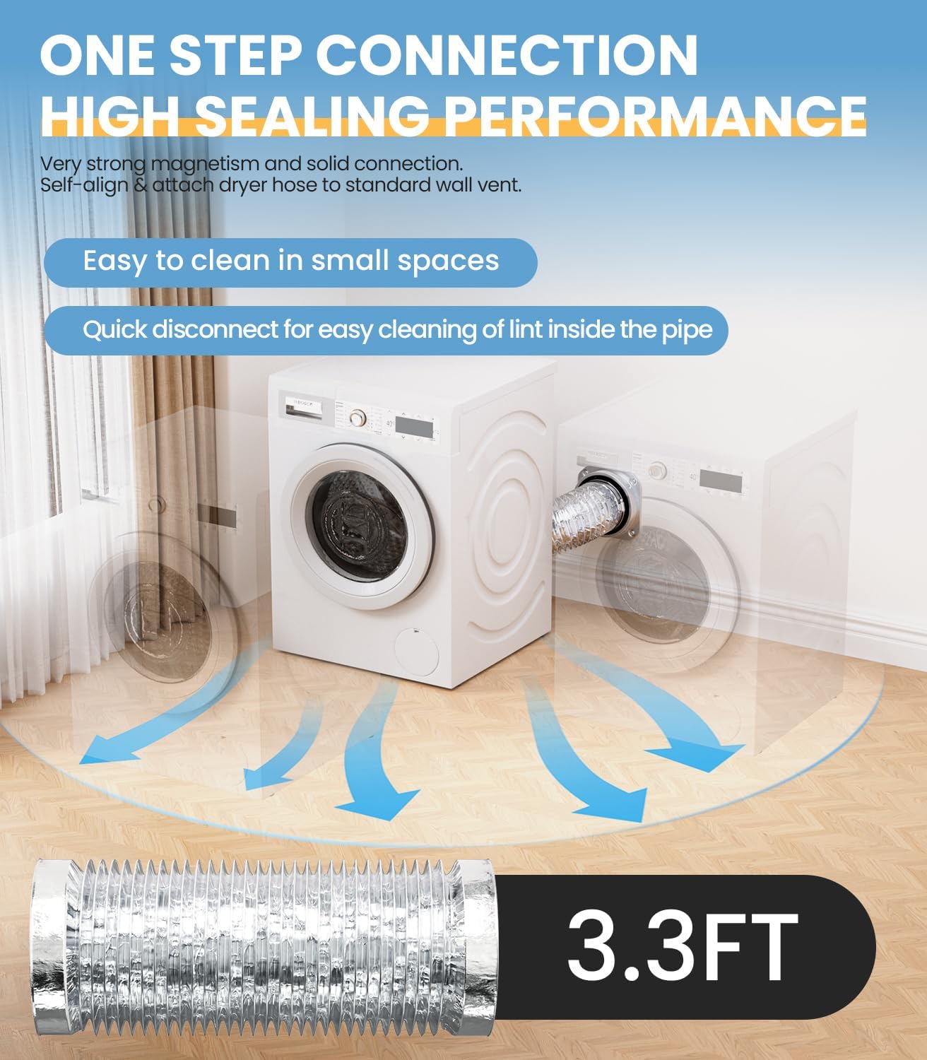 Magnetic Dryer Vent Connector Kit, DV180 Quick Connect Coupling with Airtight Seal, 4" Flexible Dryer Duct Hose, Easy Installation, 3.3 FT Hose and 2 Clamps