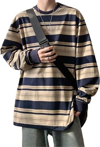 Harajuku Oversized Striped T-Shirt for Men Long Sleeve Crewneck Baggy Vintage Streetwear Pullover