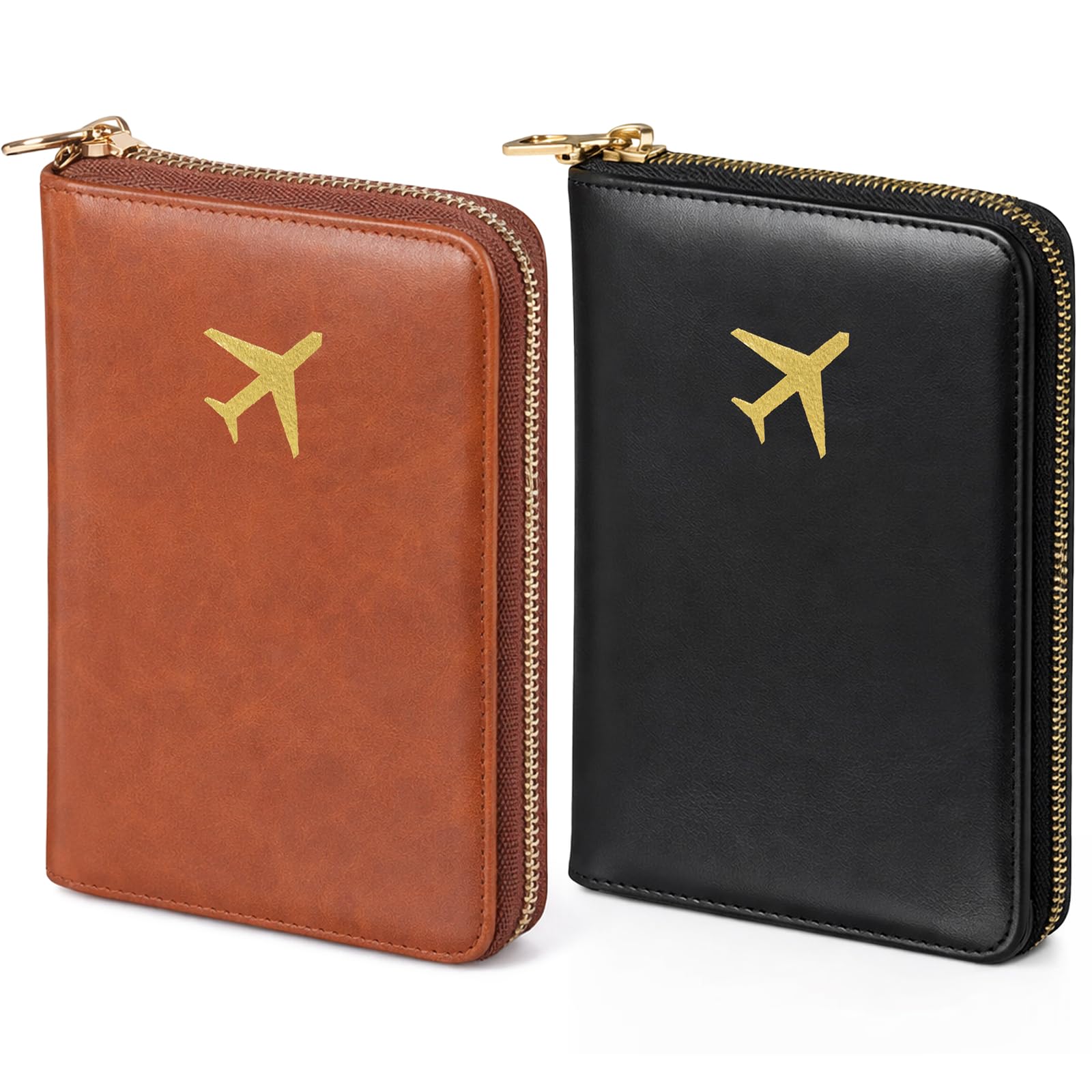 2 pcs Leather Passport Holder Covers Case, Waterproof RFID Blocking Travel Wallet, Features An Embossed Gold Aircraft Emblem Passport Holder For Women Men, Black,Brown-image-7