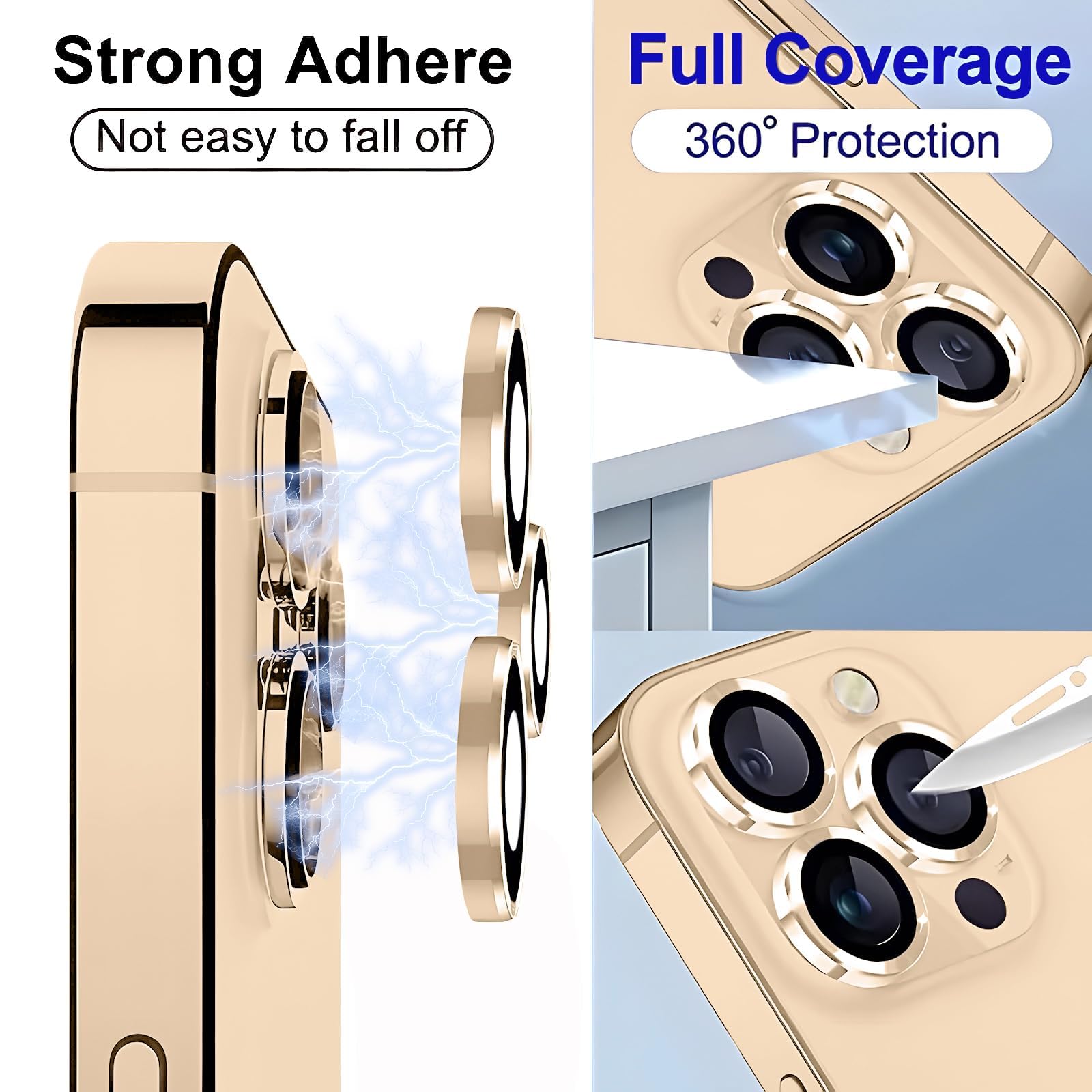 Rainway Camera Lens Protector for iPhone 16 Pro/iPhone 16 Pro Max, Shatterproof Ultra HD Individual Lens Protectors, 9H Ultra-tough Tempered Glass with Aluminum Rim, Ultra-thin, Gold 4