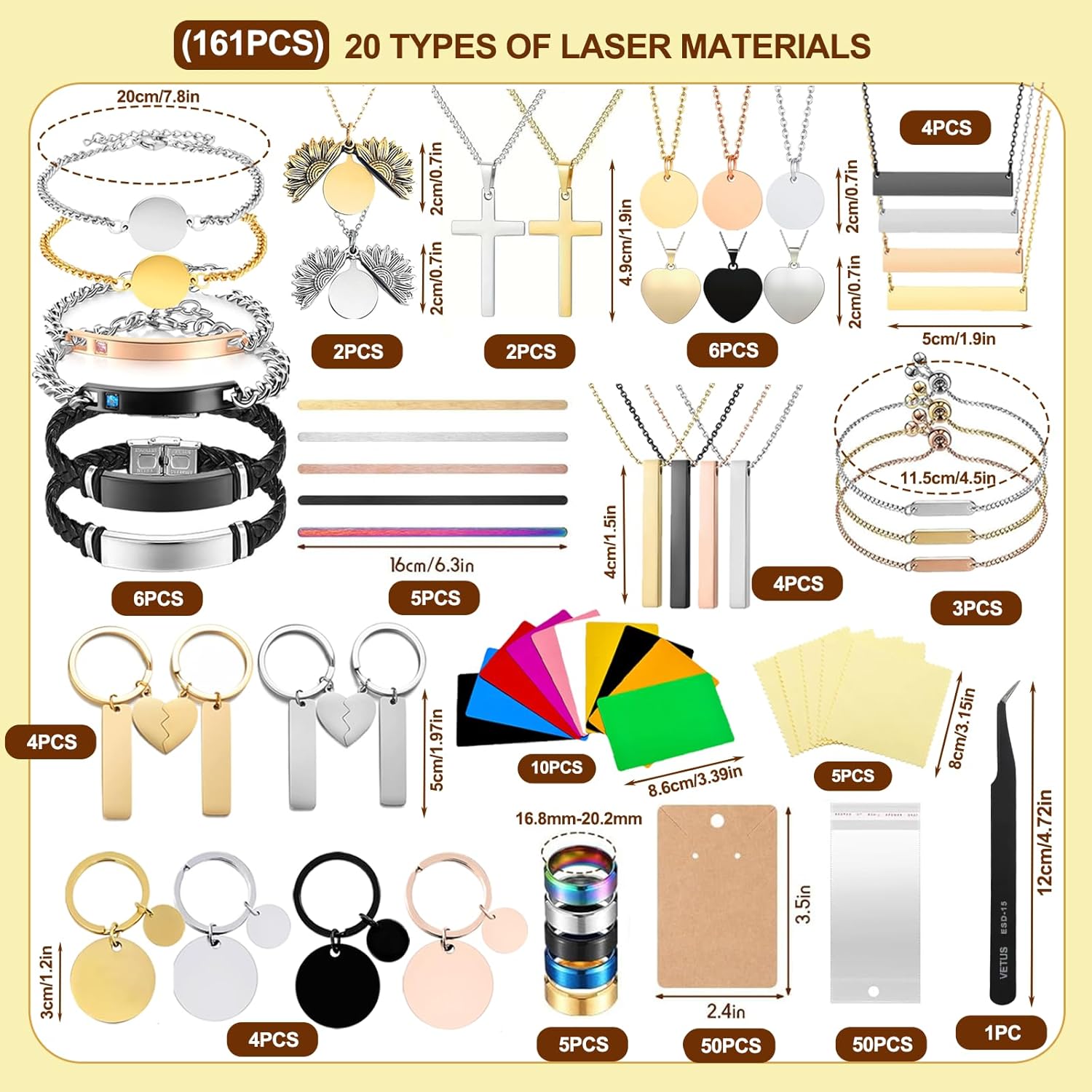 Vercleuim 161 Pcs Laser Engraving Materials kit, 20 types Jewelry Making Engraving Accessories Kit with Necklace, Bracelet, Ring, Keychain,Mental business card for Laser Engraver DIY Crafting Supplies - Image 2