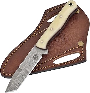 Knives Ranch Handmade Damascus Steel Slim Tanto Knife with Cattle Bone Handle Fine Quality 45 Degree Sheath Snug Fit (3184-B) - Knives Ranch