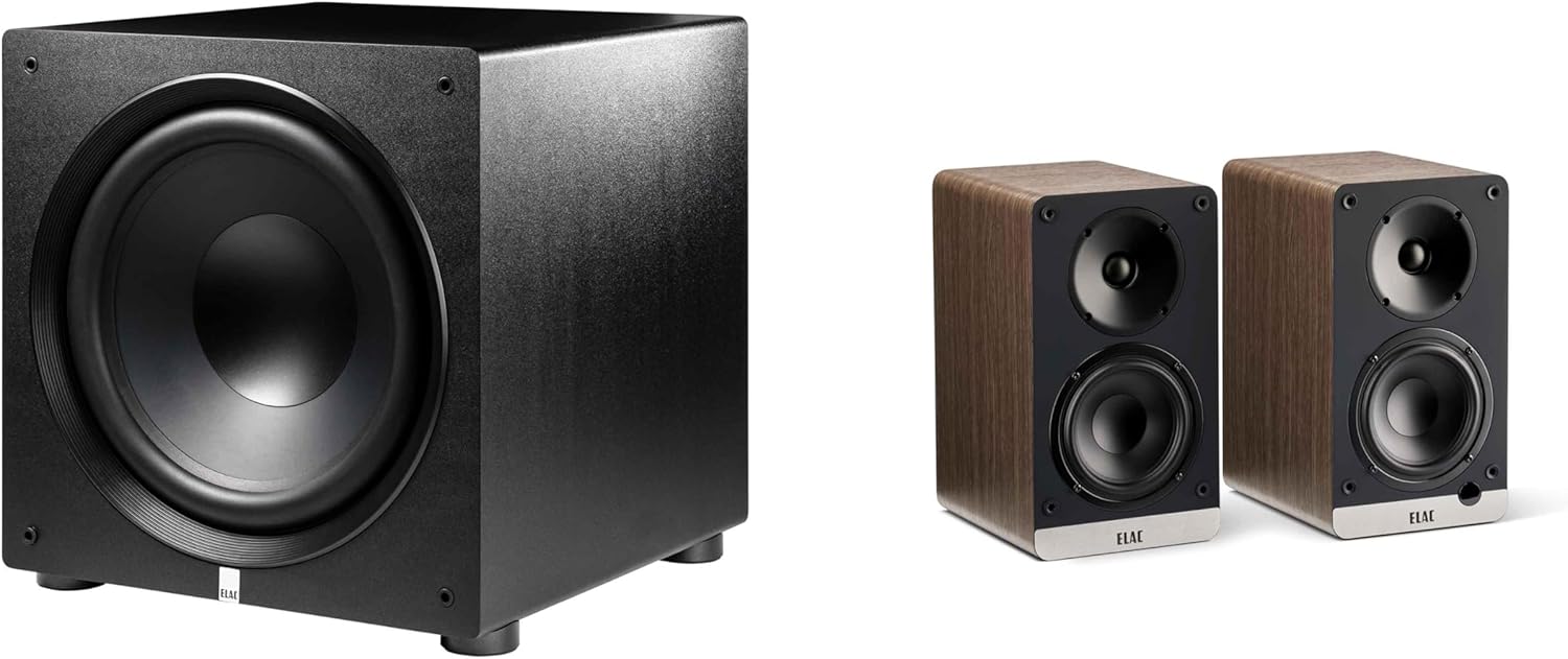ELAC DCB41-WN - Debut ConneX 4.5" Powered Speakers - Walnut, Pair PS500-BK - Varro Premium 15" 500 Watt Powered Subwoofer with Auto-EQ