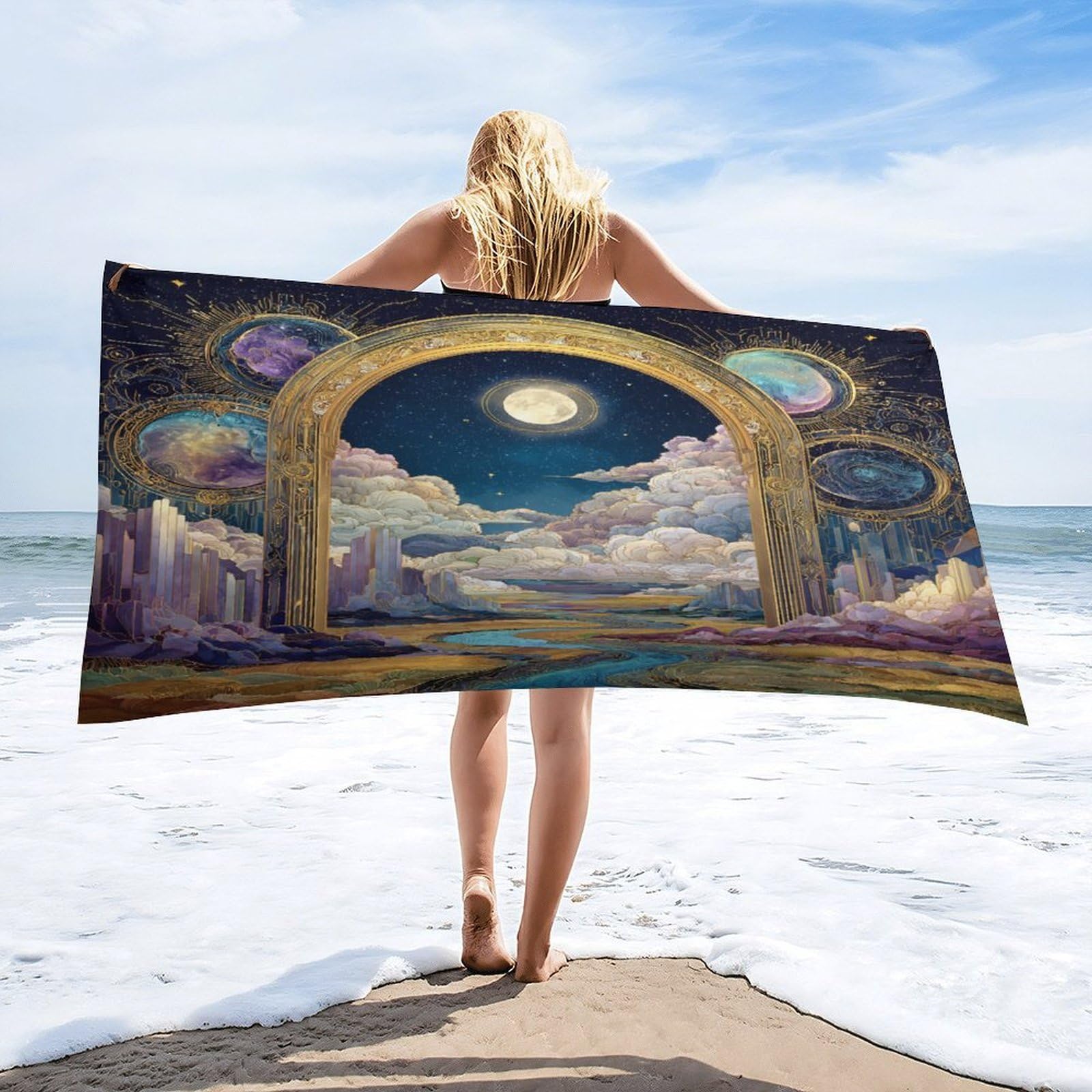 Luyysky Modern Classic Fantasy Archway Quick-Drying Beach Towel, Retro Oil Painting Full Moon Starry Sky Outer Space Galaxy Travel Vacation Single Sided Pile Bathroom Towels-80 W Cm X 160" L Cm