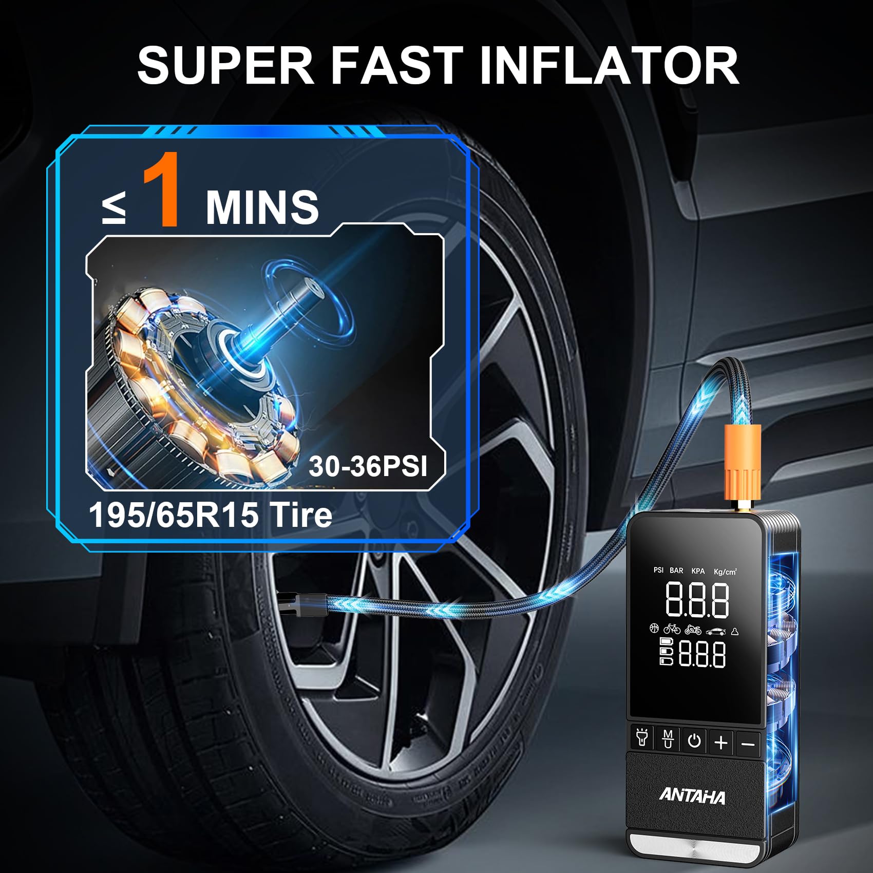 Compresor de aire portátil para neumáticos, bomba de aire inteligente de 150 PSI para neumáticos de automóvil con medidor de presión digital, bomba de neumáticos para automóviles