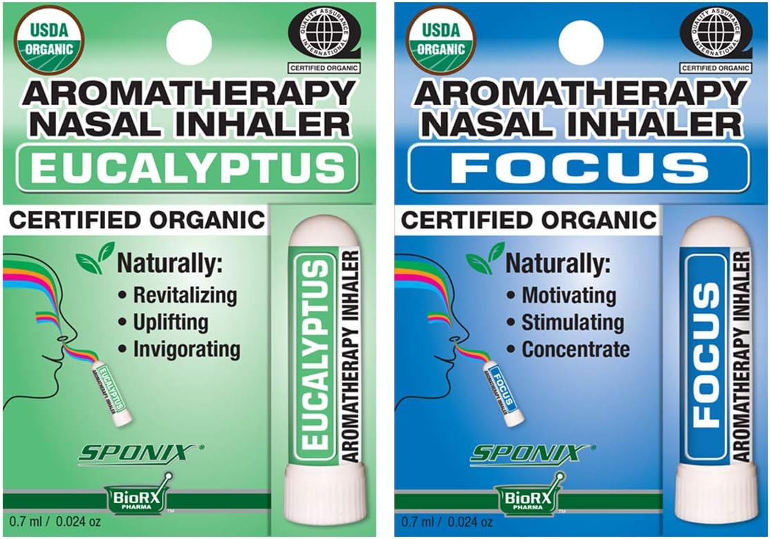 Aromatherapy Nasal Inhaler Pack of 2 Made with Organic Essential Oil - Eucalyptus and Focus - 0.7 mL by Sponix