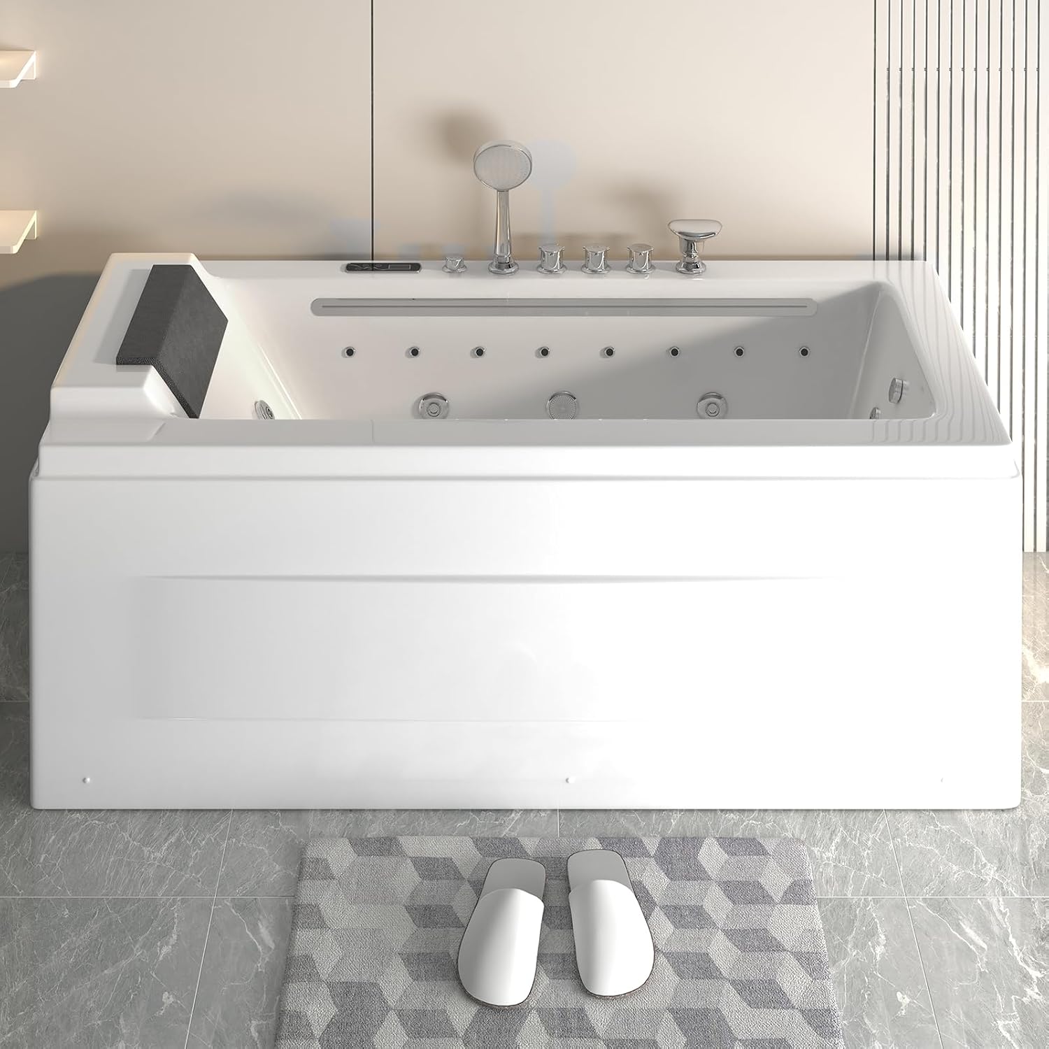 Whirlpool Bathtub, 67" Jetted Tub with Light, Hydro Massage, Spa Experience, White, Acrylic, Freestanding, Rectangular, Left Side