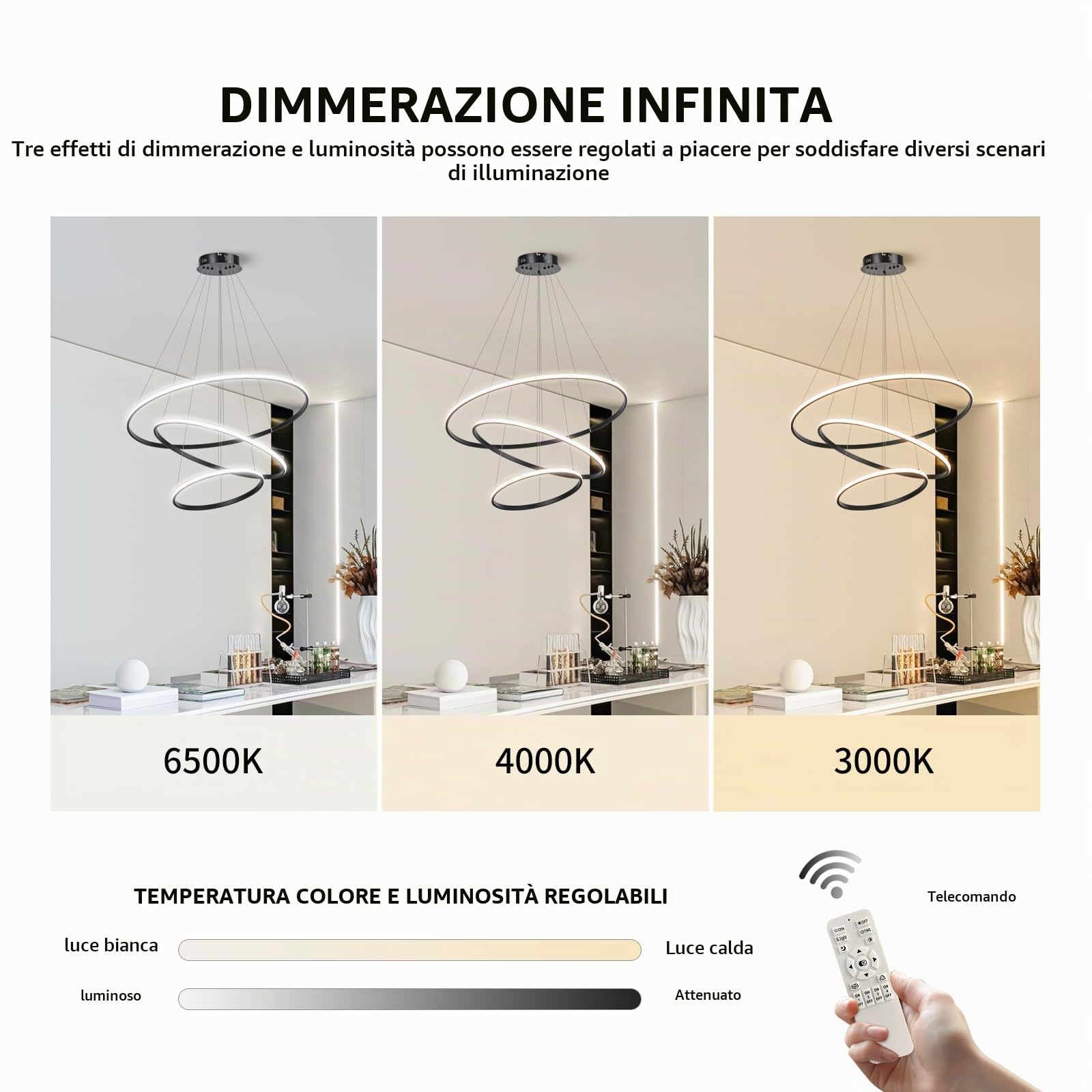 Lampadario a sospensione a LED, dimmerabile a 3 anelli, in acrilico, nero, regolabile, per cucina, isola, sala da pranzo, soggiorno, camera da letto, atrio, 40 + 60 + 80 cm