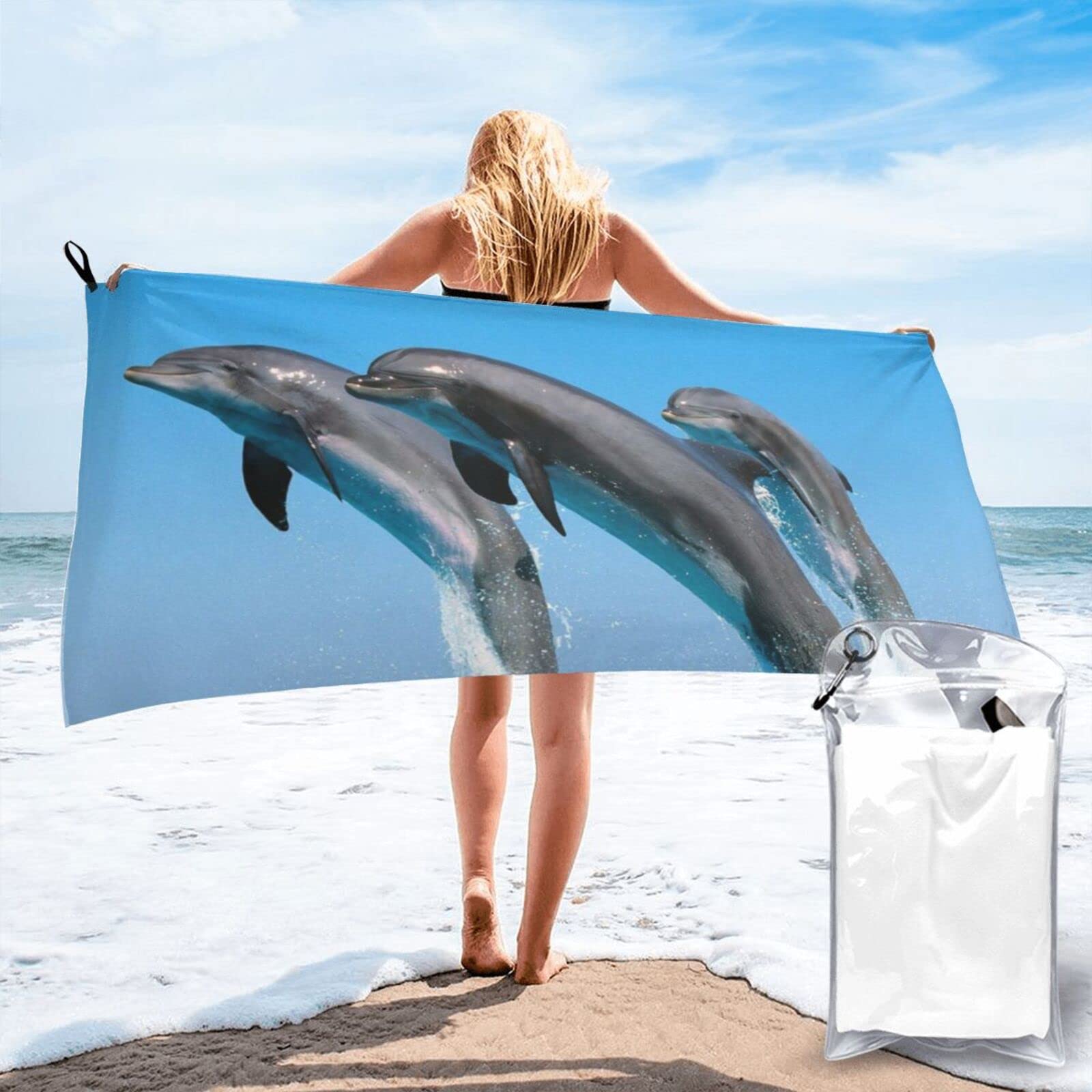 Lawenp Animal Dolphins Microfiber Beach Towel Adults Large Quick Drying Bath Towel Travel Towels with Pouch 31.5"x63"