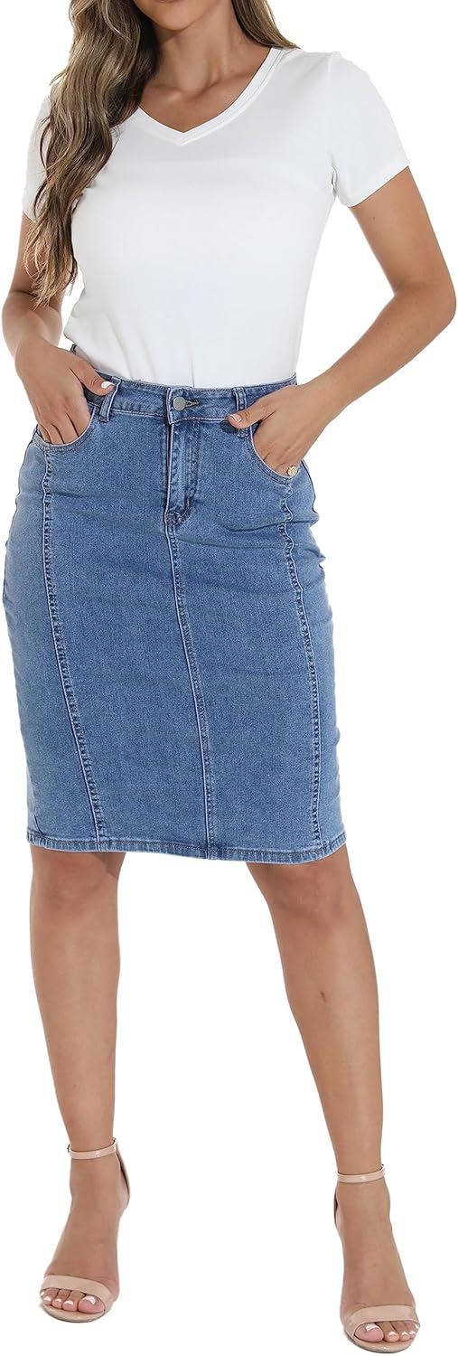 GUANYY Womens Denim Skirt-High Waisted Knee Length Slim Fit Pencil Stretch Jean Skirt - Image 2