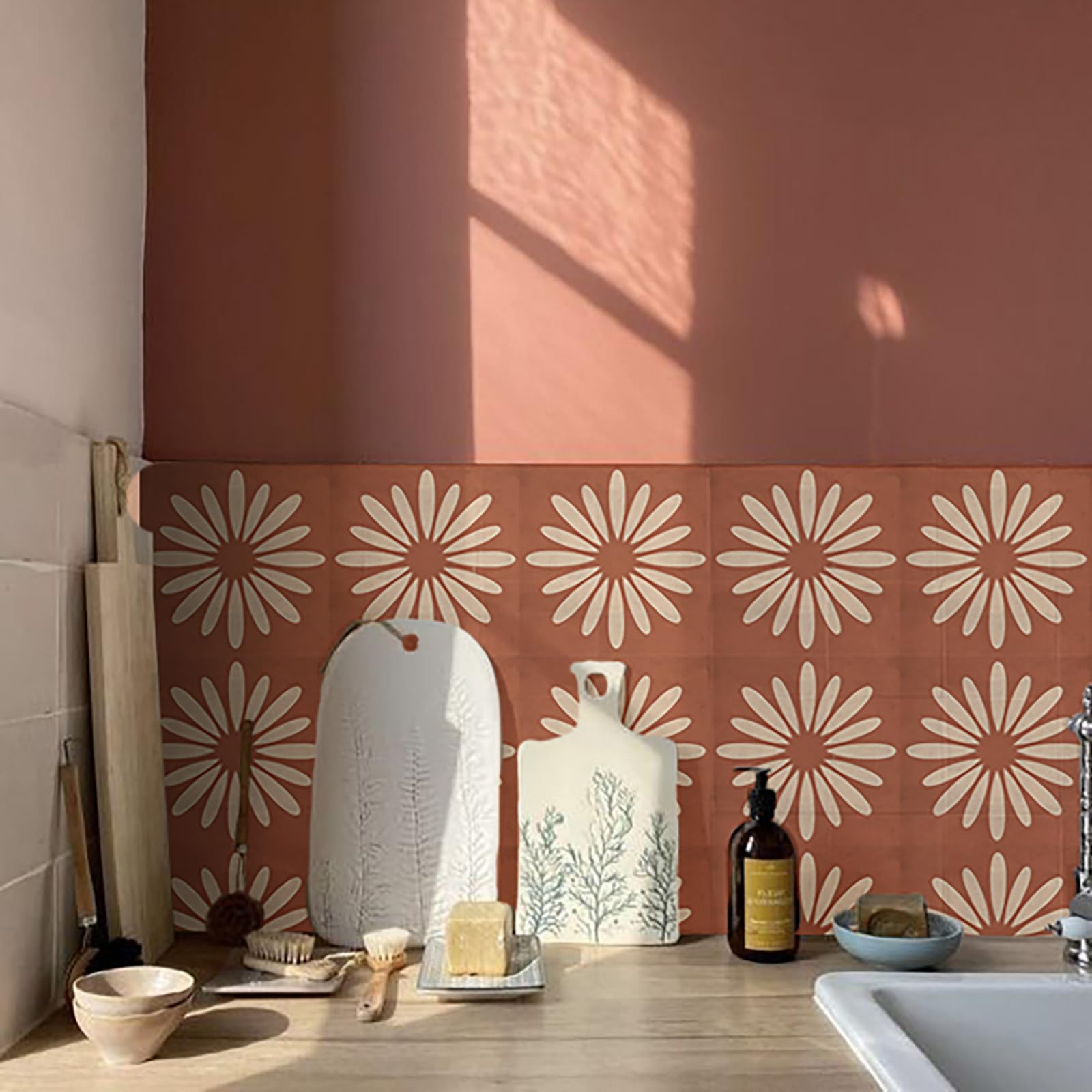 Adhesivos para Azulejos, Color Rojo ladrillo y Beige, para Cocina. Adhesivos autoadhesivos para Suelo, baño, Pared, duraderos, Impermeables, Resistentes al Aceite, escaleras, remov