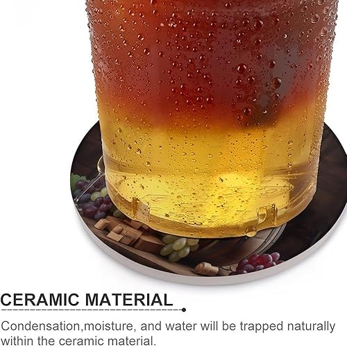 Miniatura 4 de Round-4 posavasos de cerámica para vino tinto, posavasos redondos absorbentes para bebidas, estilo vintage de madera, vino tinto, uvas, frutas y