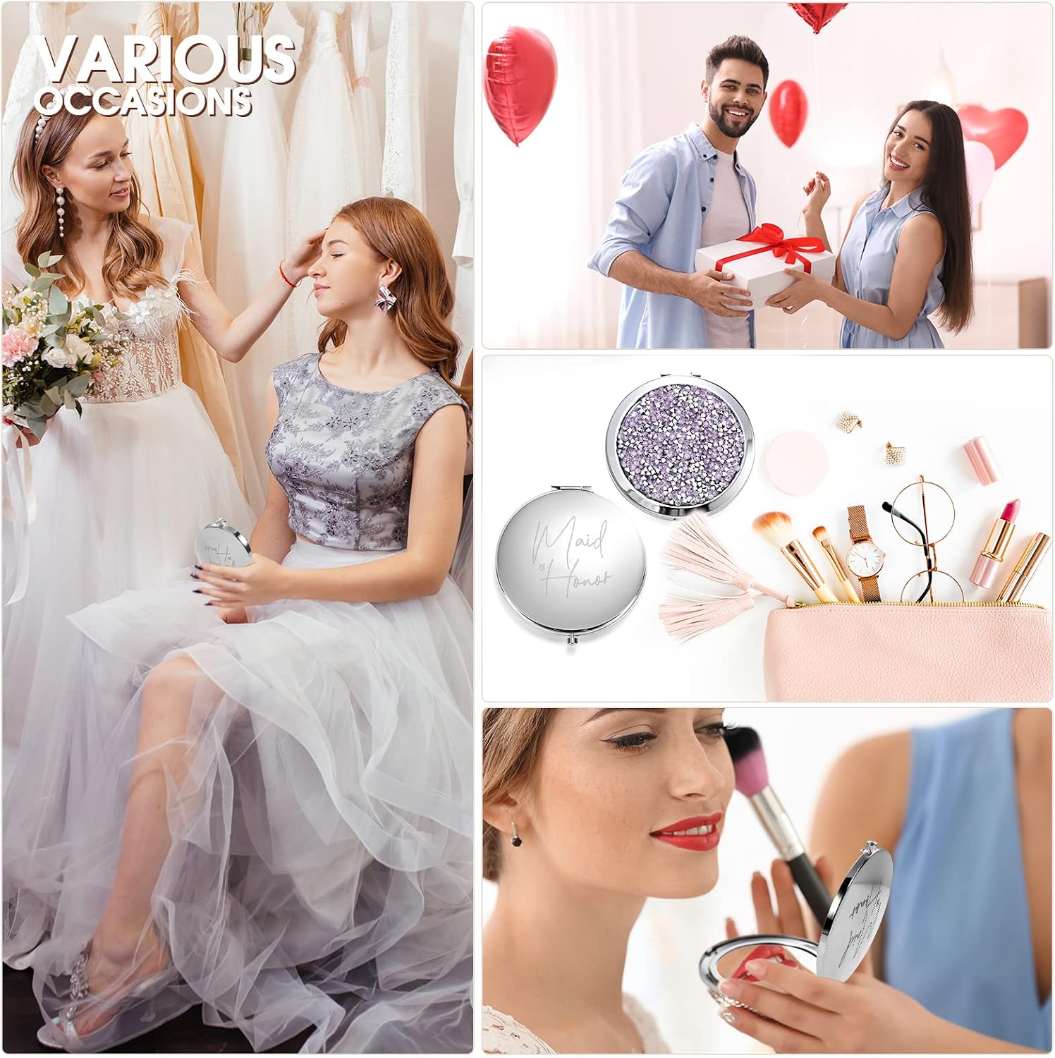 Roowest 8 Pcs Wedding Gifts Bridesmaid Proposal Gifts Set Bridesmaid Compact Mirrors Magnifying Makeup Double Sided for Purse Pocket Bachelorette Bridal Shower Party Favors(Silver, Light Purple)