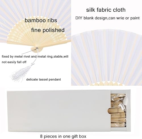 Miniatura 6 de Ventilador plegable de bambú de seda blanca, 8 piezas, ventilador plegable de mano, accesorios de baile nupcial, regalos de boda, regalos de fiesta,