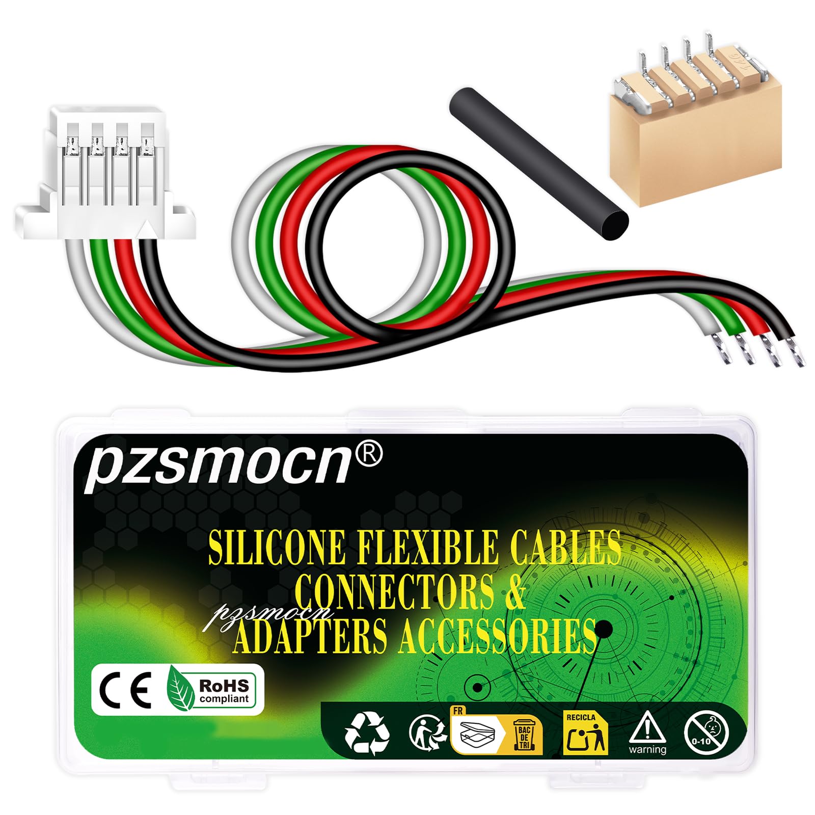 pzsmocn 10 Sets/40 Pcs Mini Micro JST-SH-SMD-HHR 1.0mm 4-Pin 30AWG Silicone Cable Adapter Kit, Female Connector with Pre-Crimped Wire 20cm and IC Male Plug,for LED Strips Lights, RC Toys, Batteries — image 1