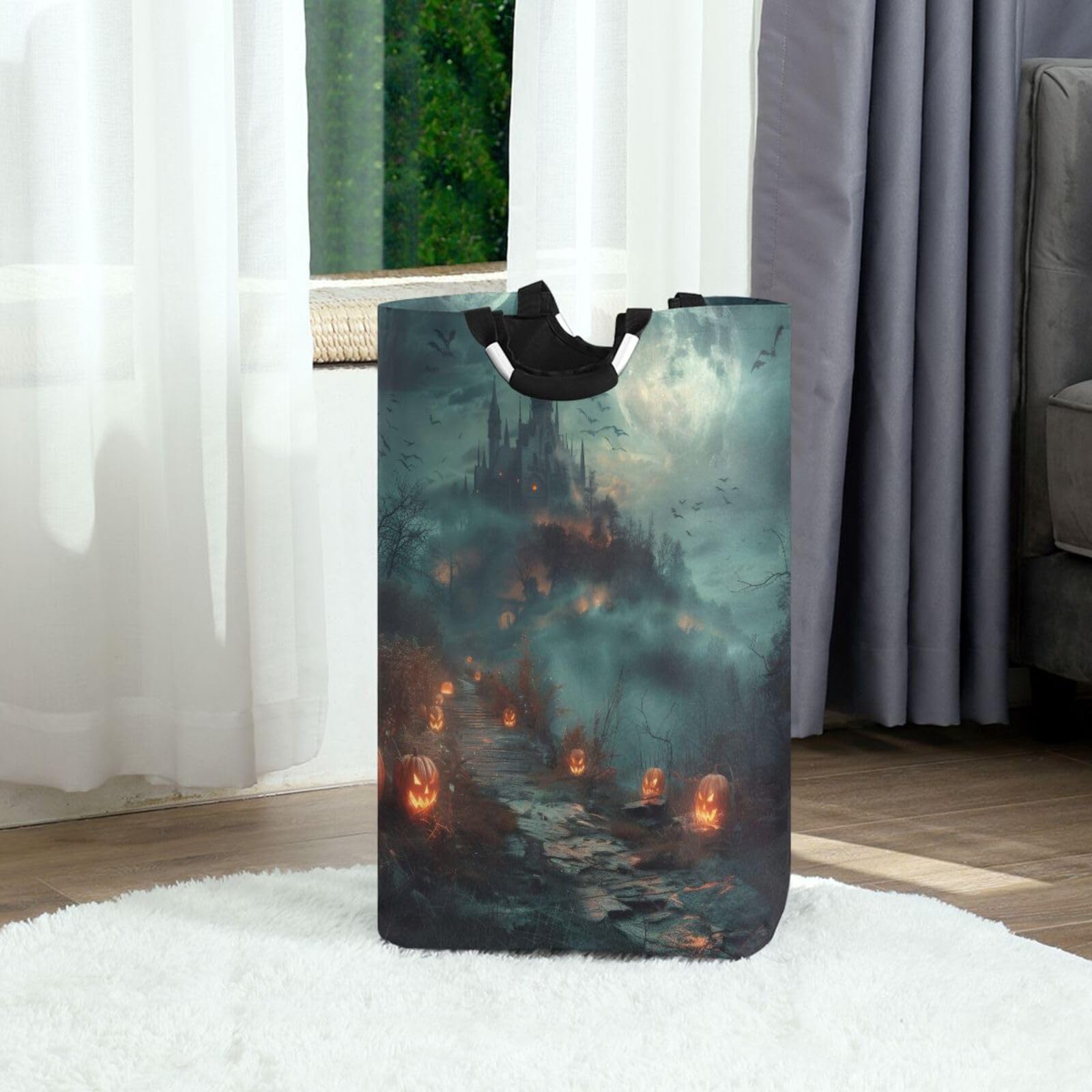 Jihqo Laundry Hamper Basket Halloween Castle Pumpkin Lantern Collapsible Nursery Storage Bin Waterproof Clothing Baskets for Home Bedroom Bathroom Washing Room