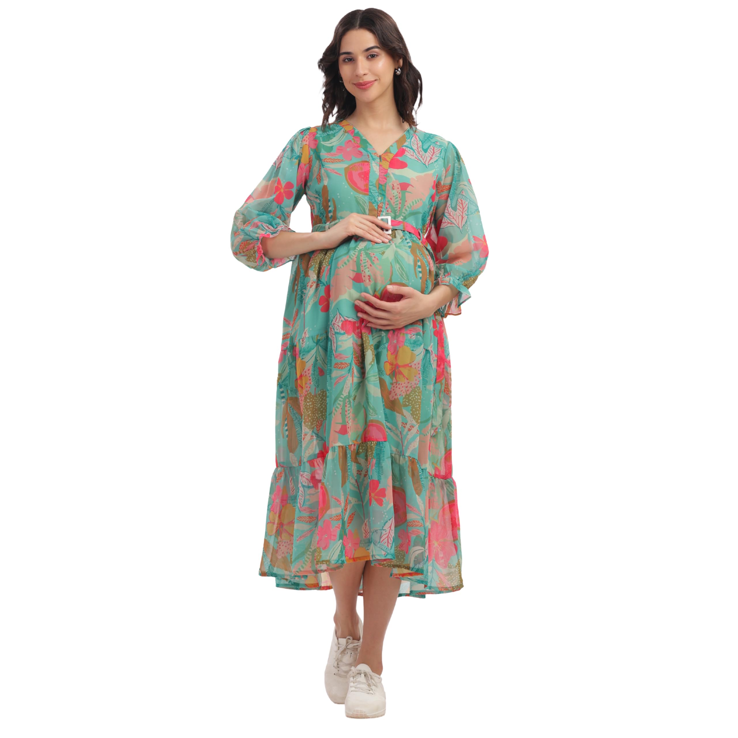 happima Women’s Premium Green Printed Maternity Feeding Dress with Front Zip | Nursing Friendly Pregnancy Midi Gown with Belt & Pockets | Lightweight Floral Wear-picture-55