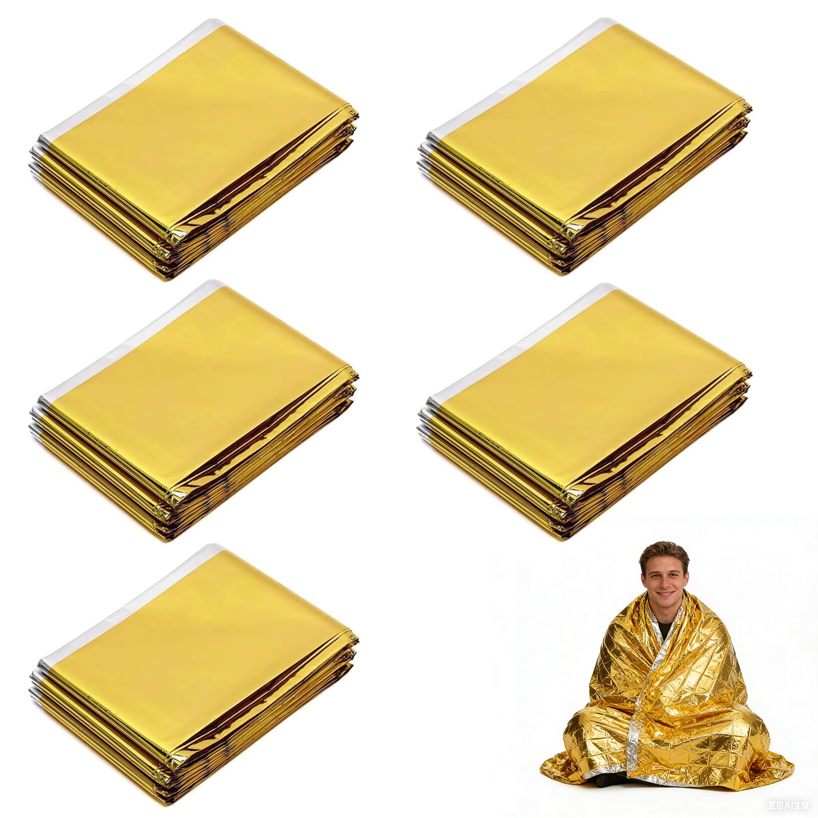 5 Pezzi Coperta Termica di Emergenza 210x160 cm – Telo Isotermico Oro/Argento, Impermeabile e Riutilizzabile per Sopravvivenza, Outdoor, Escursioni e Protezione dal Freddo e dalla Pioggia
