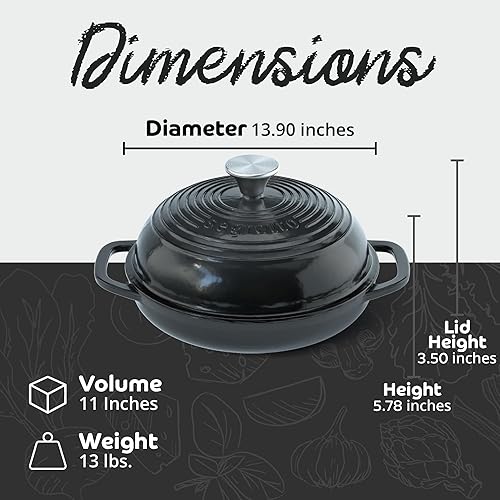 Miniatura 2 de Segretto Cookware Pan de hierro fundido esmaltado con tapa, horno de pan negro de 11 pulgadas (negro) horno de pan fundido de hierro fundido para