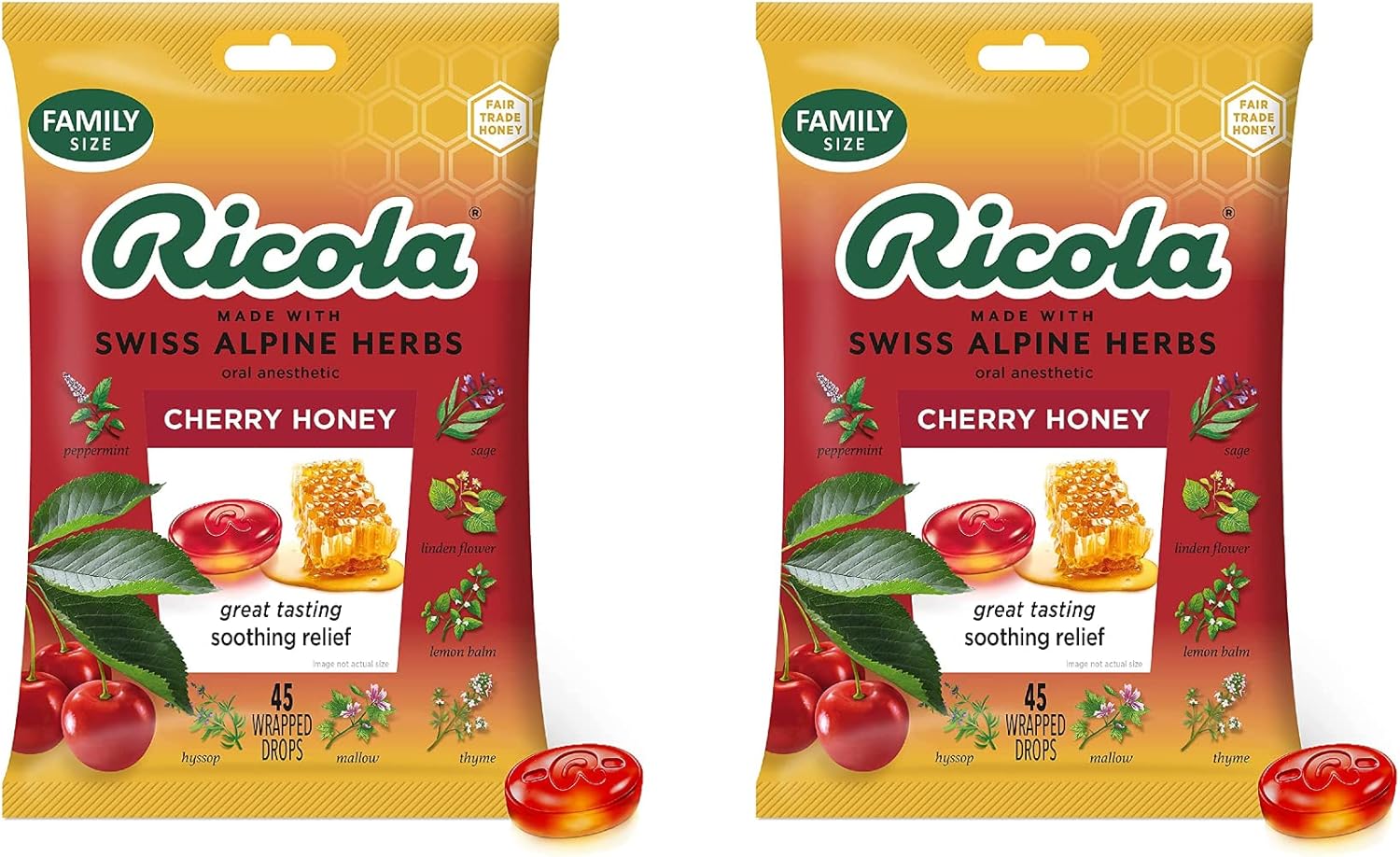 Ricola Cherry Honey Herbal Family Size Bag Cough Suppressant Throat Drops