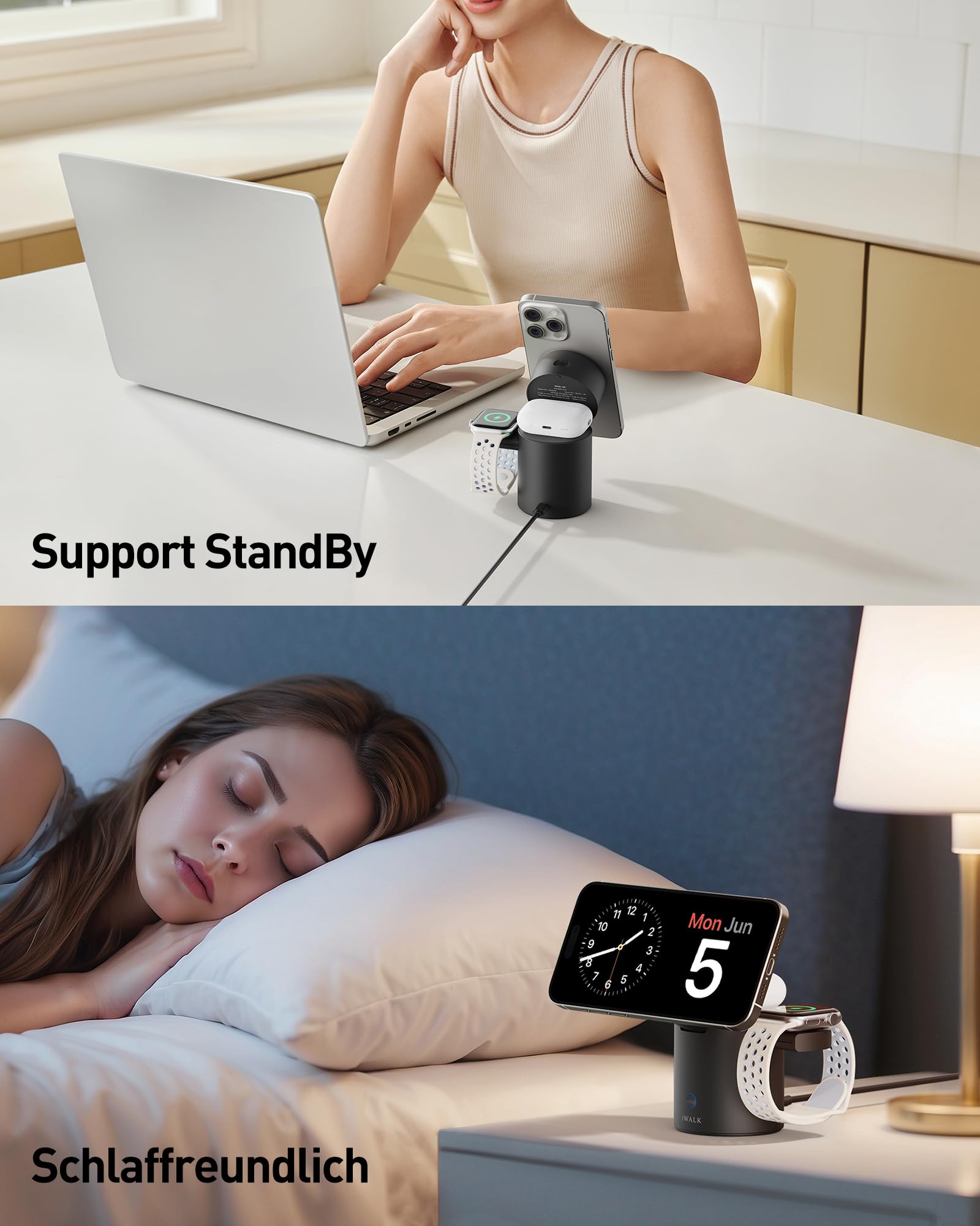 iWALK 3 In 1 Wireless Ladeständer Mit Automatischer Rotation, Ladestation Mit Magnet Für Apple Geräte, 15W Klappbare Wireless Ladestation Für iPhone 17 16 15 14 13 12 & Apple Watch & Airpods