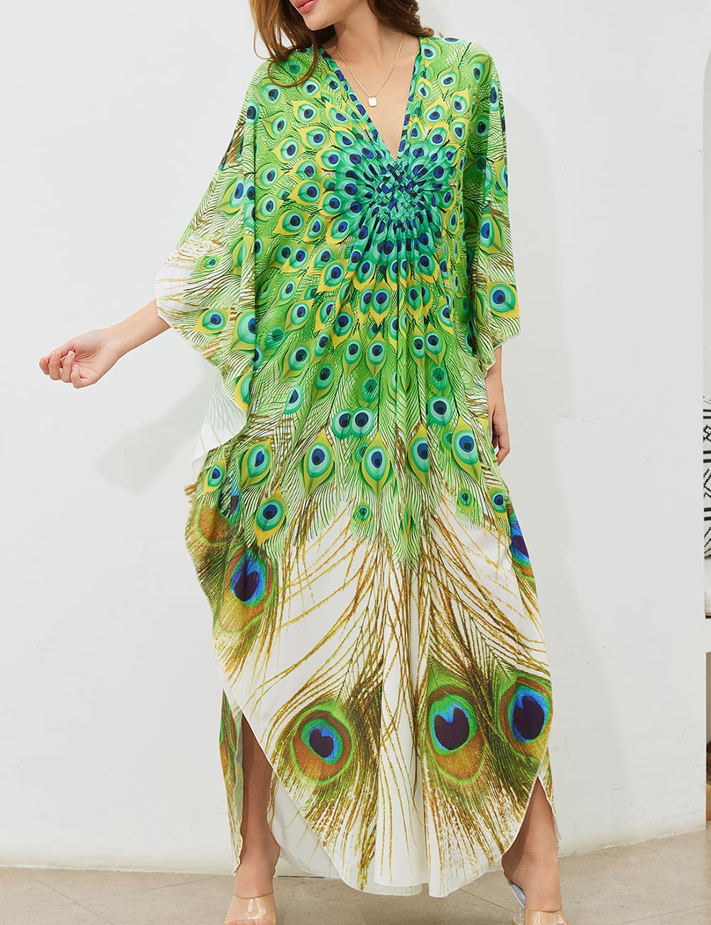 Bsubseach Mujer Traje de baño Cubrir Estampado étnico Kaftan Beach Maxi Vestidos