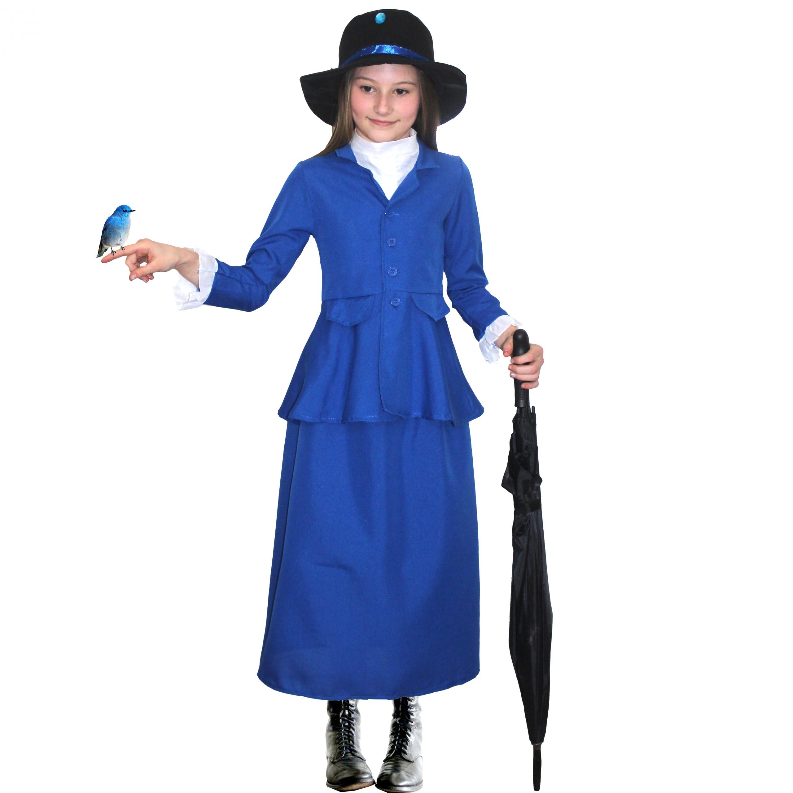 SoWest Victorian Nanny Costume for Teens – Edwardian Fancy Dress Outfit with Blue Blazer with Ruffled Cuffs, Skirt, Mock Shirt & Hat | Magical Costumes Set for World Book Day, Book Week - L