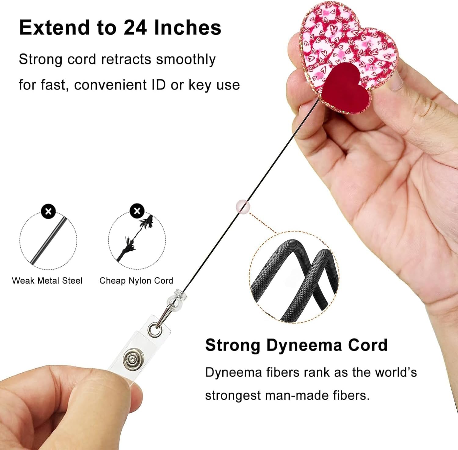 Valentines Badge Reel Heart Badge Reels Retractable Red Heart Acrylic Retractable Badge Holder 360 Rotating Badge Clip Glitter Heart Badge Clip Valentines ID Badge Holder for Nurse Doctor Teacher - Image 2