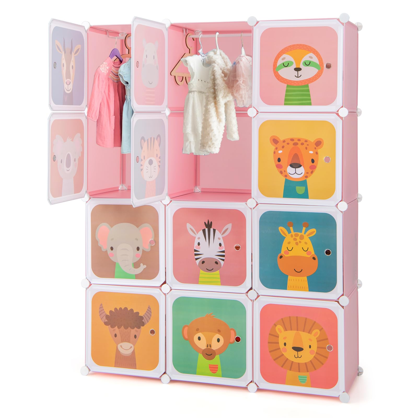 HONEY JOY Kids Wardrobe Closet, Baby Cartoon Clothes Storage Organizer, 12 Cubes & 2 Hanging Sections, Portable Children DIY Modular Bedroom Armoire Dresser Cabinet for Boys Girls (Pink)